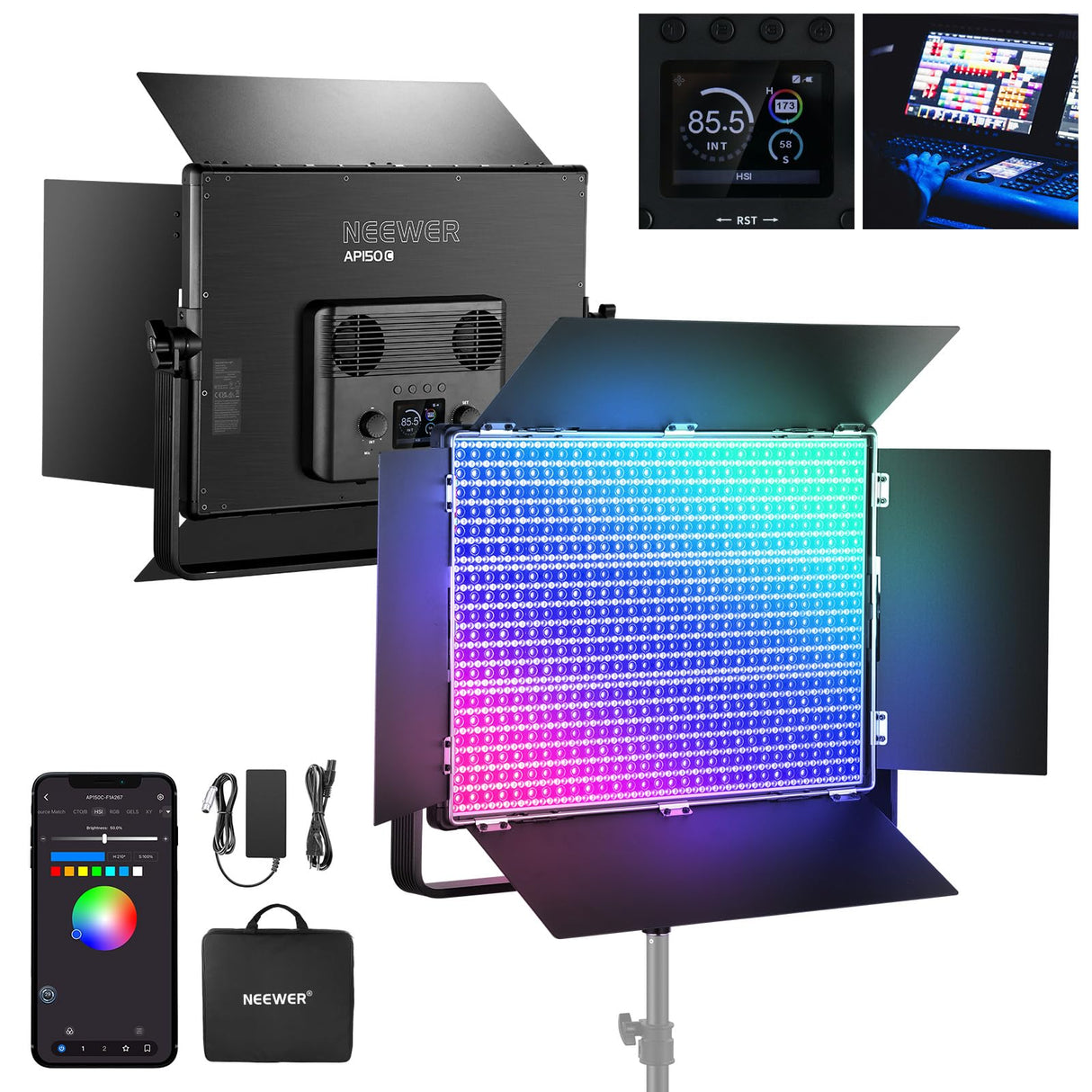 NEEWER 150W Luz Video Kit Panel LED RGB con Barn Doors, 1800 LED Lente TIR 42500Lux@0.5m 2500-10000K CRI96+/TLCI97+ 0.0%-100% Atenuación, App/2.4G/Panel/Control DMX para Iluminar Estudio Pro, AP150C