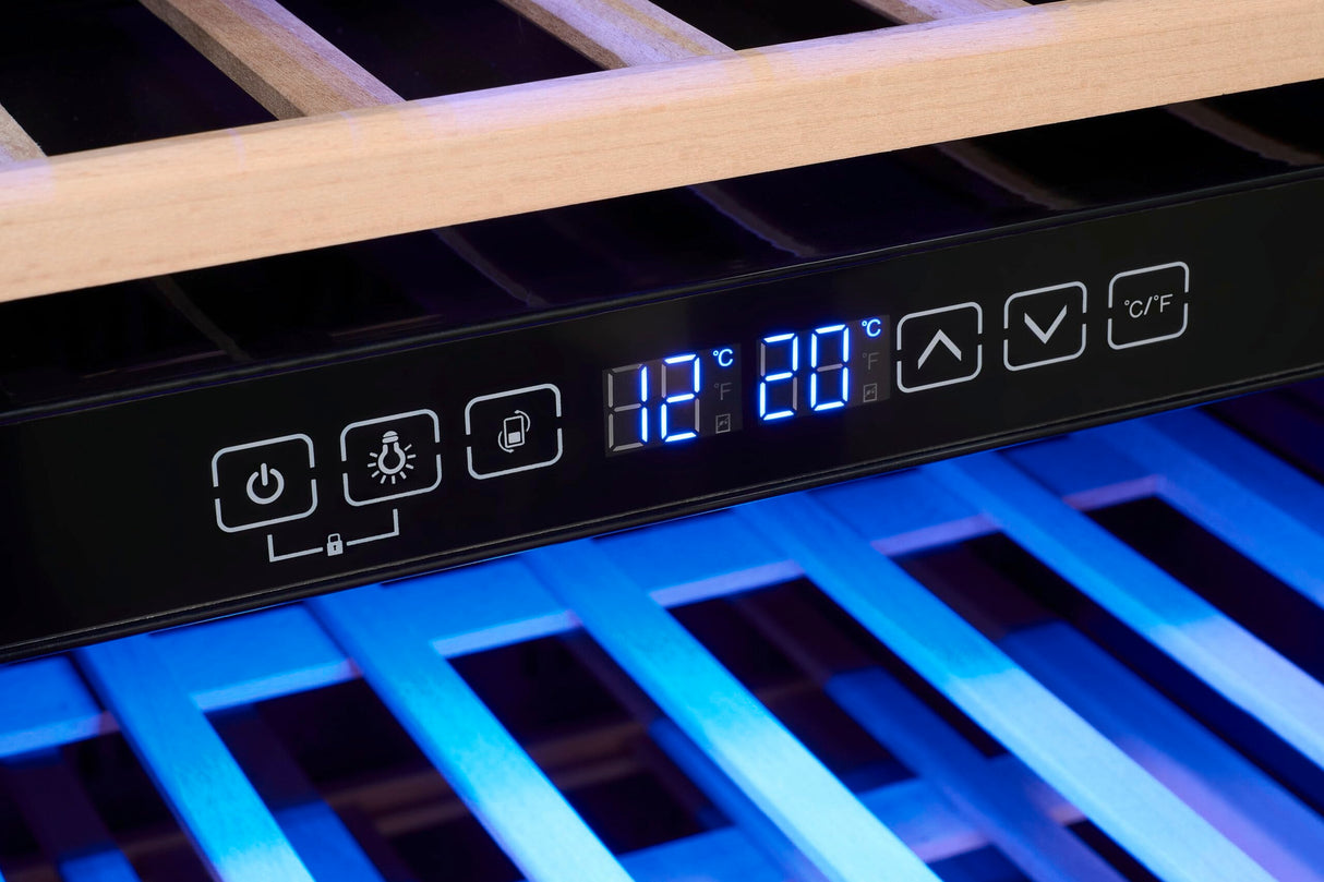 Exquisit® Vinoteca para 78 Botellas, 194L, Negro, Clase G, Doble Zona de Temperatura 5-20°C, Control Digital, Puerta de Cristal Reversible, Iluminación LED, 9 Estantes, Medidas (128,5 x 49 x 57,5 cm)