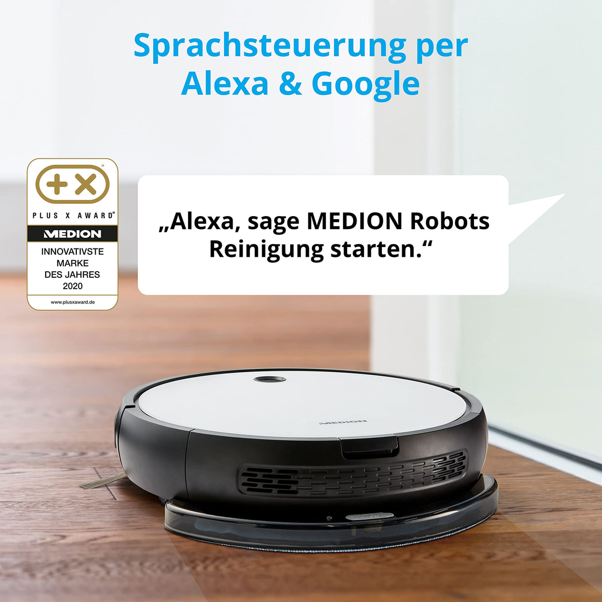 MEDION Robot Aspirador con función de fregado y Control Mediante una App (WiFi, Alexa, navegación Inteligente, estación de Carga, aspiración y fregado al Mismo Tiempo