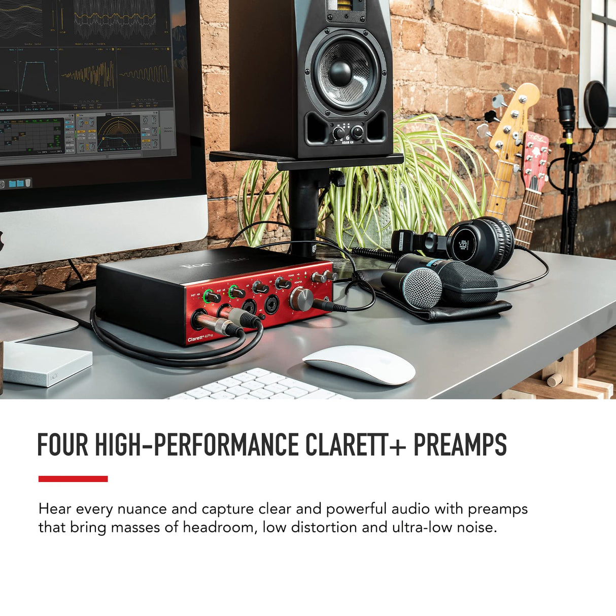 Interfaz de audio USB Clarett+ 4Pre de Focusrite para artistas. Los cuatro preamplificadores de micrófono con distorsión y ruido bajos aportan un sonido real