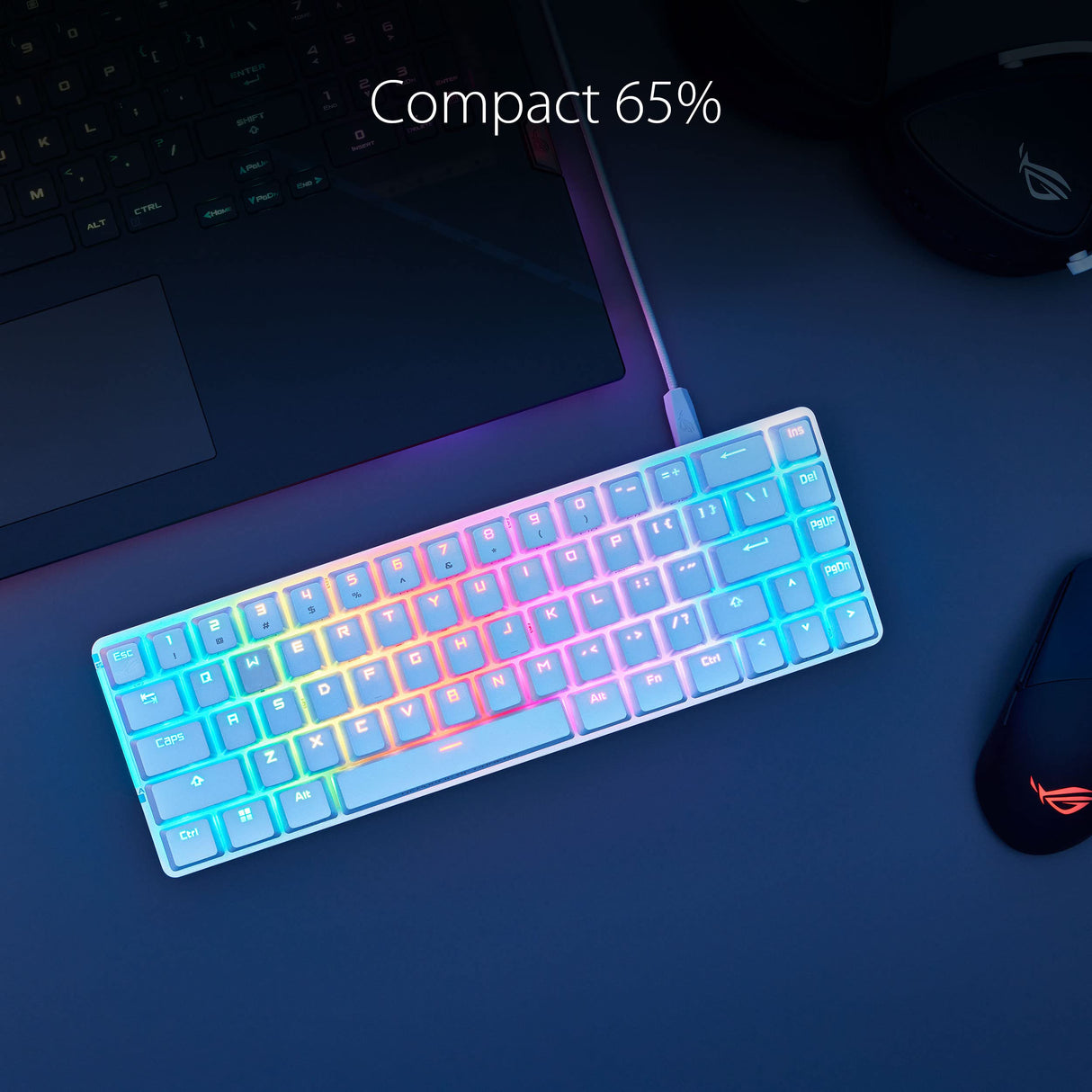 ASUS ROG Falchion Ace - Teclado Gaming Mecánico RGB 65% Compacto, ROG NX Red lubricados y Estabilizados, Teclas ABS, Conexión con KVM, Tres Ángulos, Funda, Blanco, Versión en español
