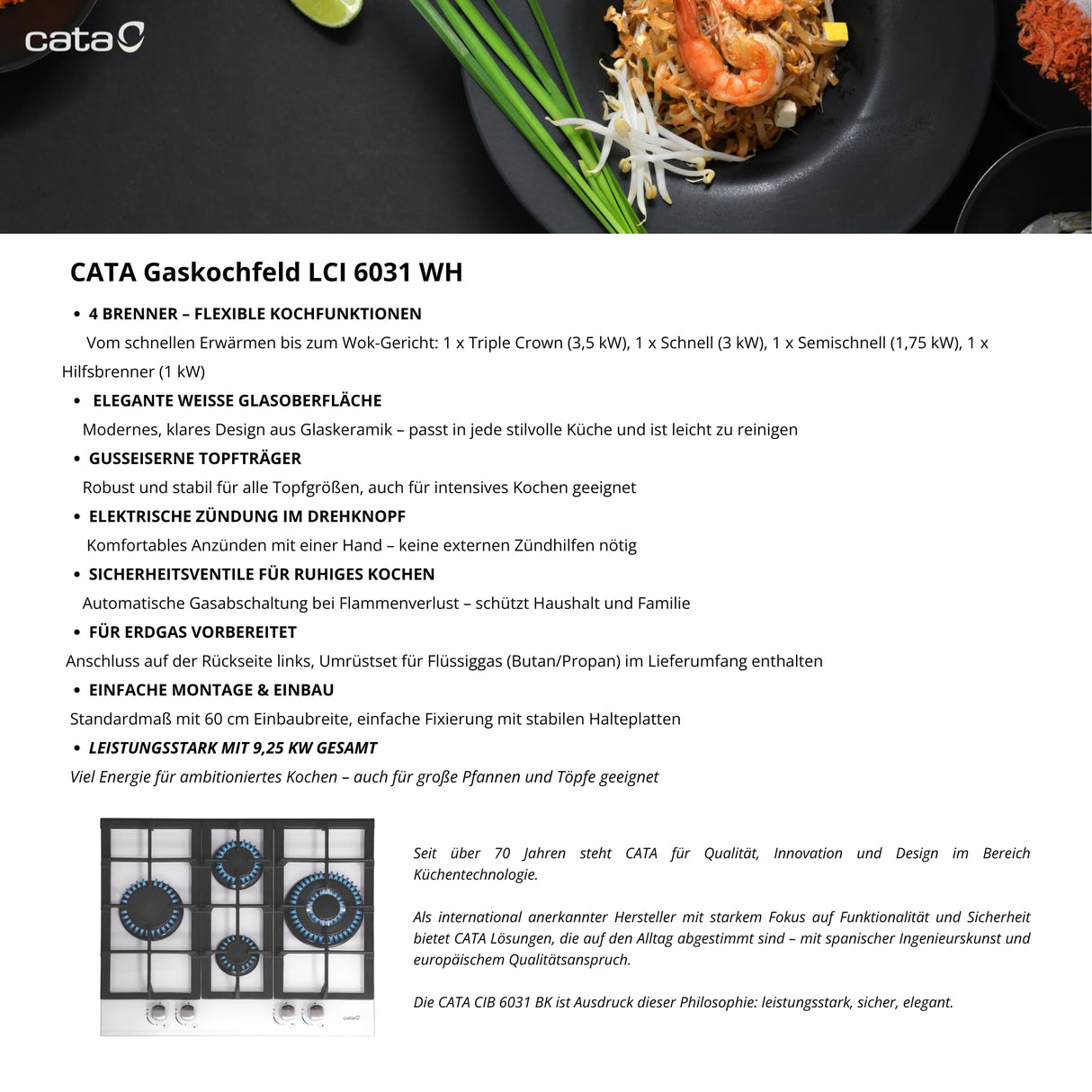 Cata S0428606 Placa de Gas Cata Lci6031Wh 60 cm, Blanco, 4 Fogones