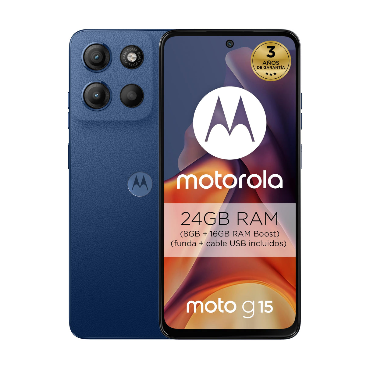 Motorola Moto g15 24GB (8G+16GB RAM Boost)/256GB Azul, España, Pantalla de 6.72'' FHD+, Sistema de cámaras de 50 MP y Objetivo Ultra Gran Angular, Batería 5200 mAh, Carga TurboPower, Soft Luxe