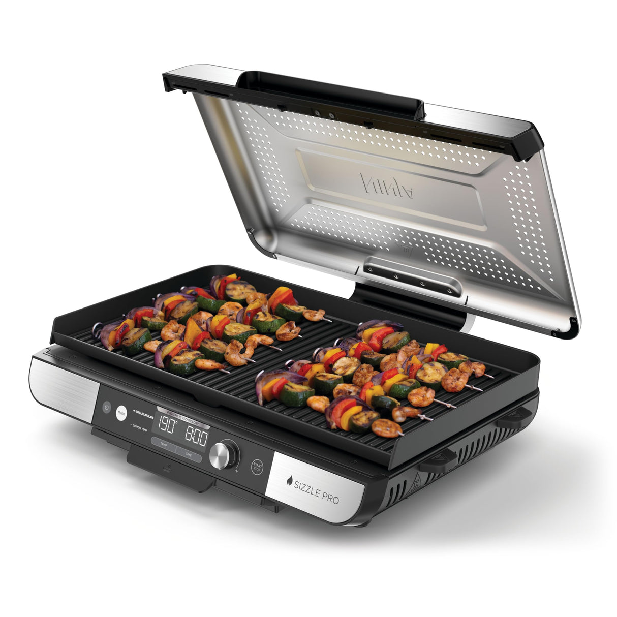 Ninja Sizzle Pro XL Parrilla y plancha para interior, con placa de parrilla y plancha cerámicas antiadherentes, tapa desmontable, recogegrasas y guía de recetas, color plateado/negro GX101EU