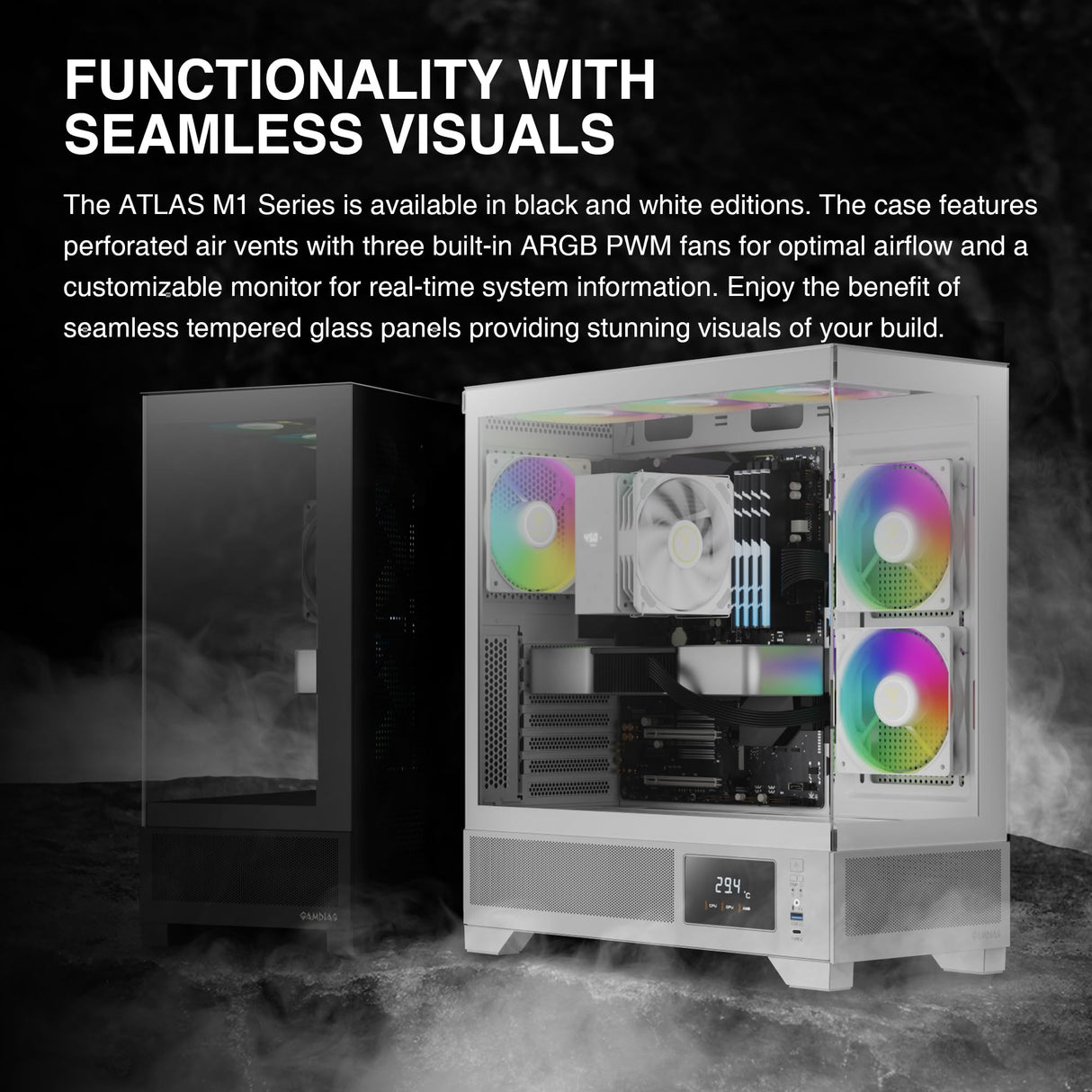 GAMDIAS Atlas M1 WH Gaming ATX Mid Tower - Carcasa para computadora de computadora de Torre Media, Monitor Personalizado con Software, Ventiladores ARGB PWM de 3 x 120 mm (2 entradas), Pantalla