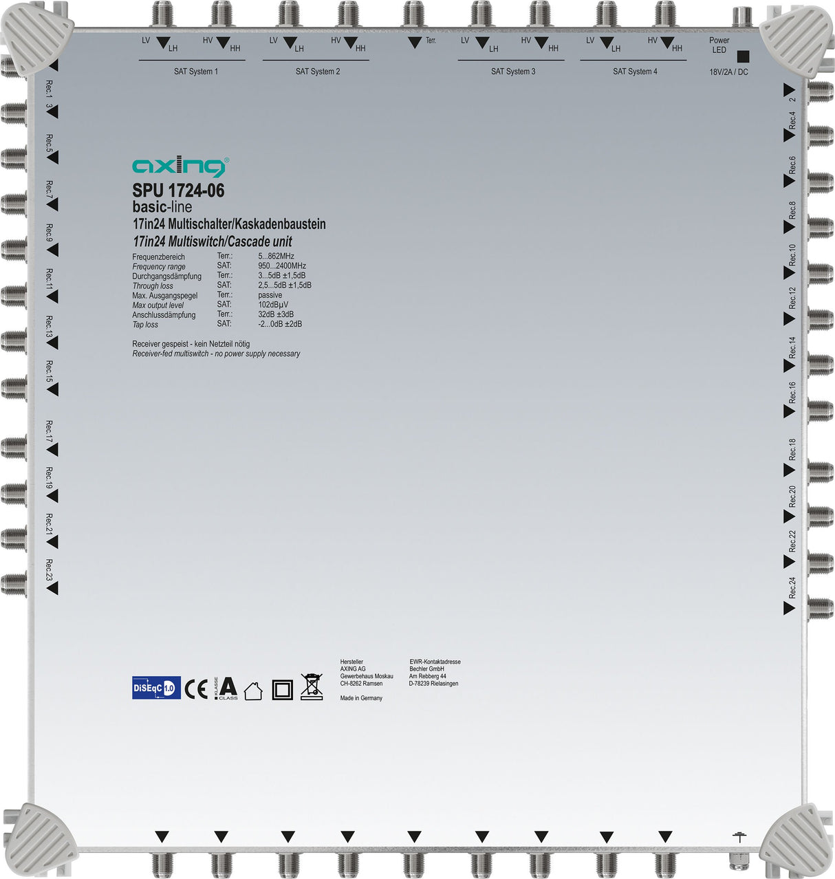 'AXING múltiple 17 en "DiSEqC Multiswitch de Cascada Ampliable Sat Activo Gris Claro