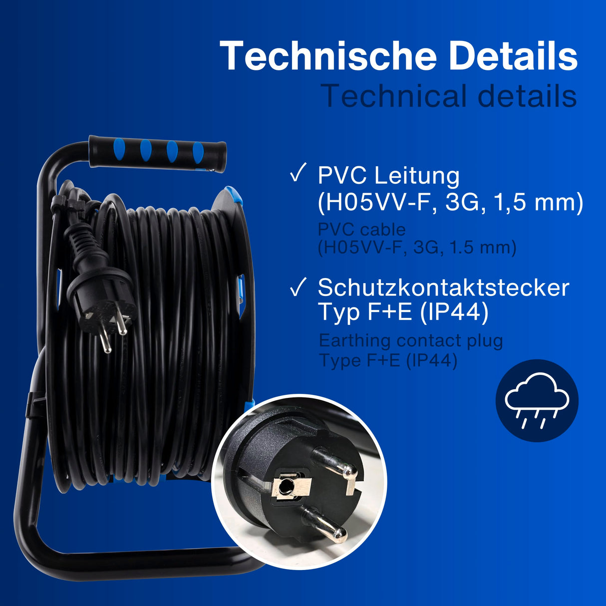 REV 0010118812 base múltiple 50 m 4 salidas AC Exterior Negro, Azul - Bases múltiples (50 m, 4 salidas AC, Exterior, 1,5 mm², Negro, Azul, 230 V)