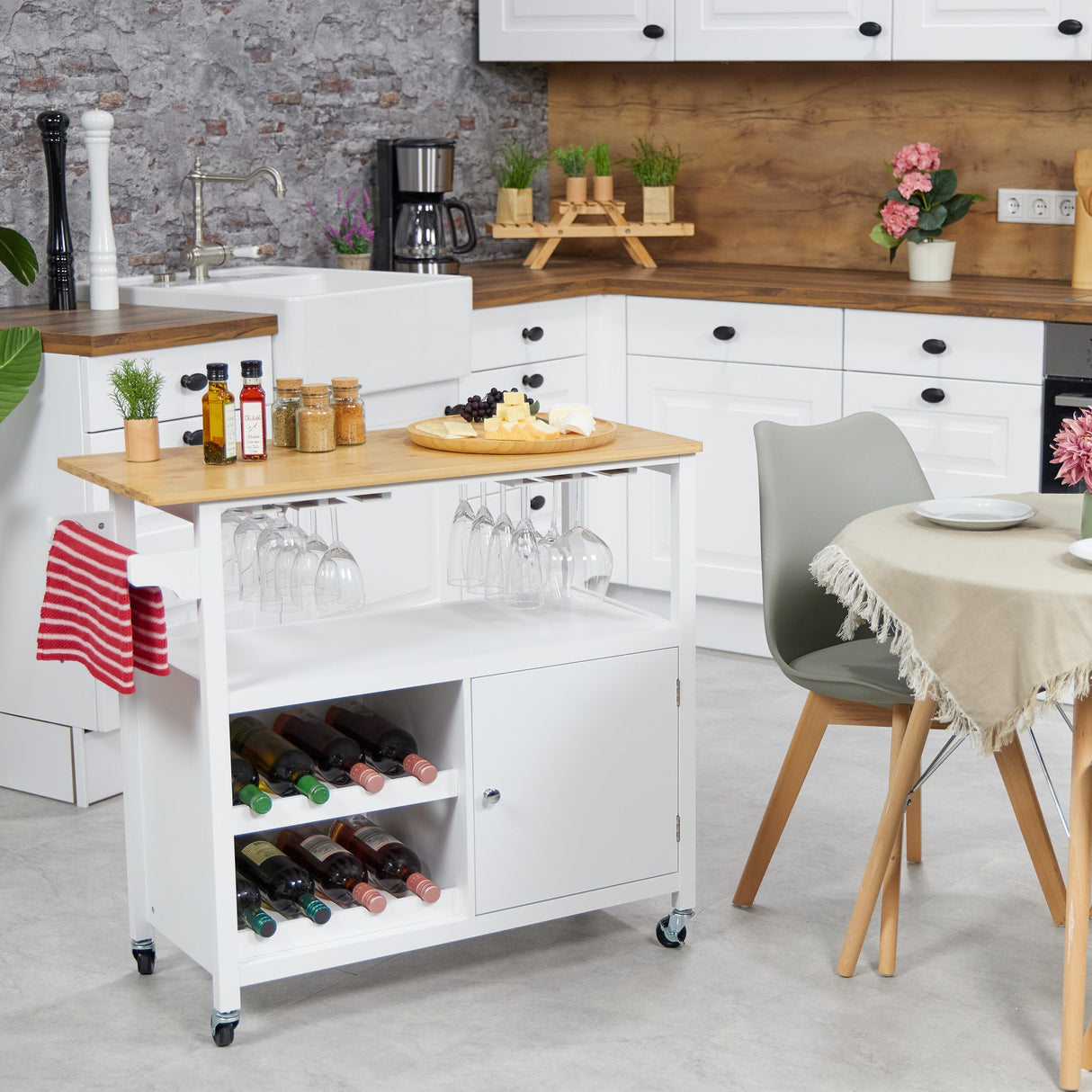 Relaxdays Carrito Auxiliar de Cocina, Botellero, Portacopas, con Puerta, Toallero, 83x92x40 cm, Bambú, Blanco/Natural, Nailon, Tablero de Fibras