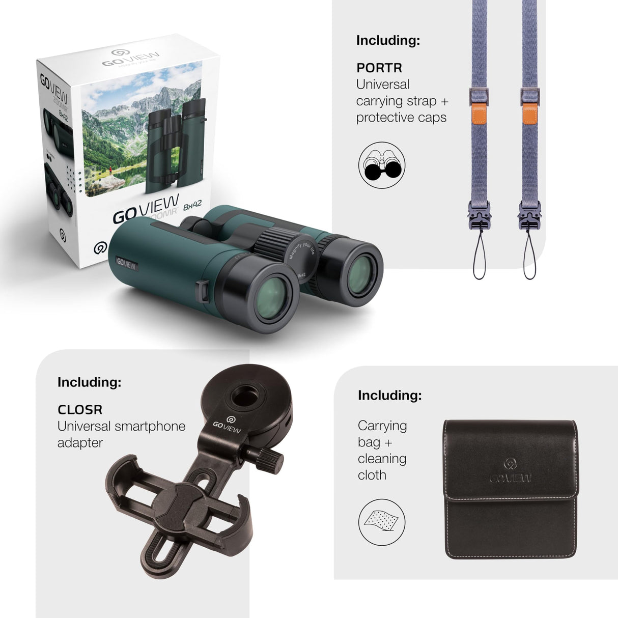 GoView ZOOMR 8x42 prismáticos para Actividades al Aire Libre, Naturaleza, observación de Vida Salvaje, Viajes (Zoom de 8 aumentos, Gran Campo de visión, Incluye Set de Accesorios) Phantom Black