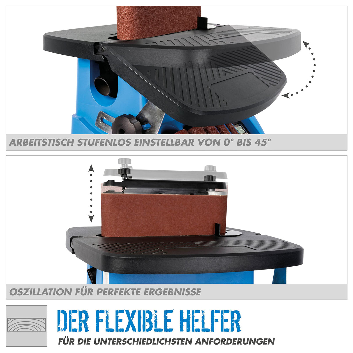 Güde GSBSM 450 - Lijadora de banda de husillo (450 W, 2000 1/min, oscilante, para superficies interiores y exteriores, sin herramientas, mesa regulable de 0° a 45°, incluye numerosos accesorios)
