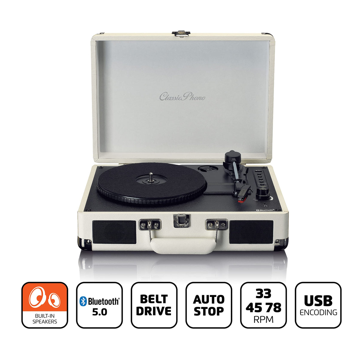 Lenco TT-115CR - Tocadiscos Bluetooth, Altavoces Integrados, Estuche Compacto Portátil Tocadiscos, USB, AUX, Adaptador 45RPM, Crema