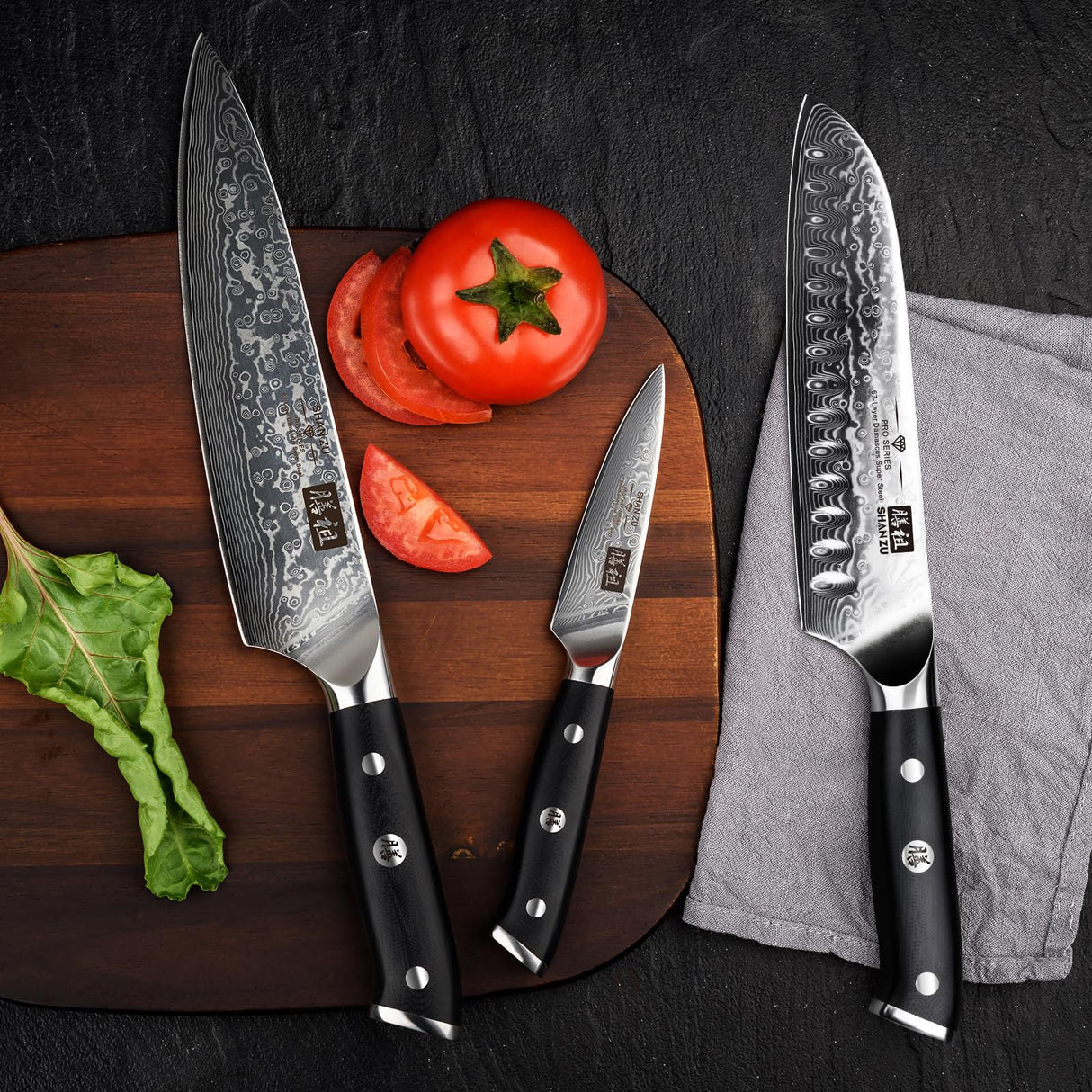SHAN ZU 3 Piezas Juego de Cuchillo de Cocina Damasco, Set Cuchillo de Cocina Japones de Acero Damasco de 67 Capas, Cuchillo de Chef Cuchillo Santoku Cuchillo Pelador - PRO Series