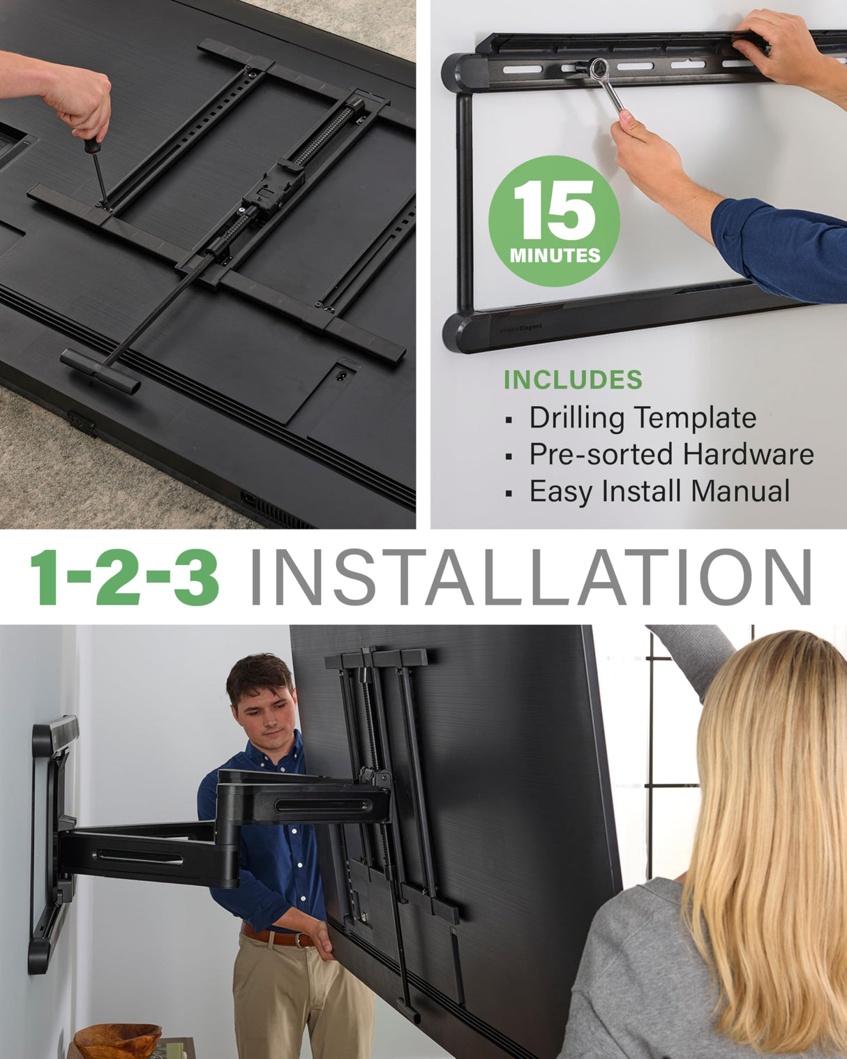 SANUS Soporte de Pared Ajustable de Movimiento Completo para televisores de 42 a 90 Pulgadas - Eleva o Baja el televisor de 4 Pulgadas después de la instalación - Maximiza la compatibilidad con tu