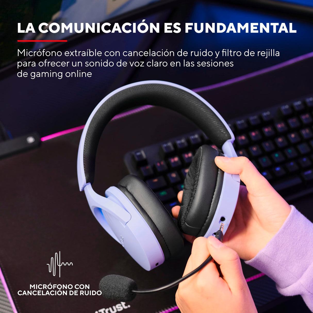 Trust Gaming GXT 491P Fayzo Cascos Gaming Inalámbricos Bluetooth + 2.4 GHz, 7.1 Sonido Envolvente, Batería de 22 Horas, Auriculares Inalámbricos RGB Over-Ear PC PS5 PS4 Switch - Morado