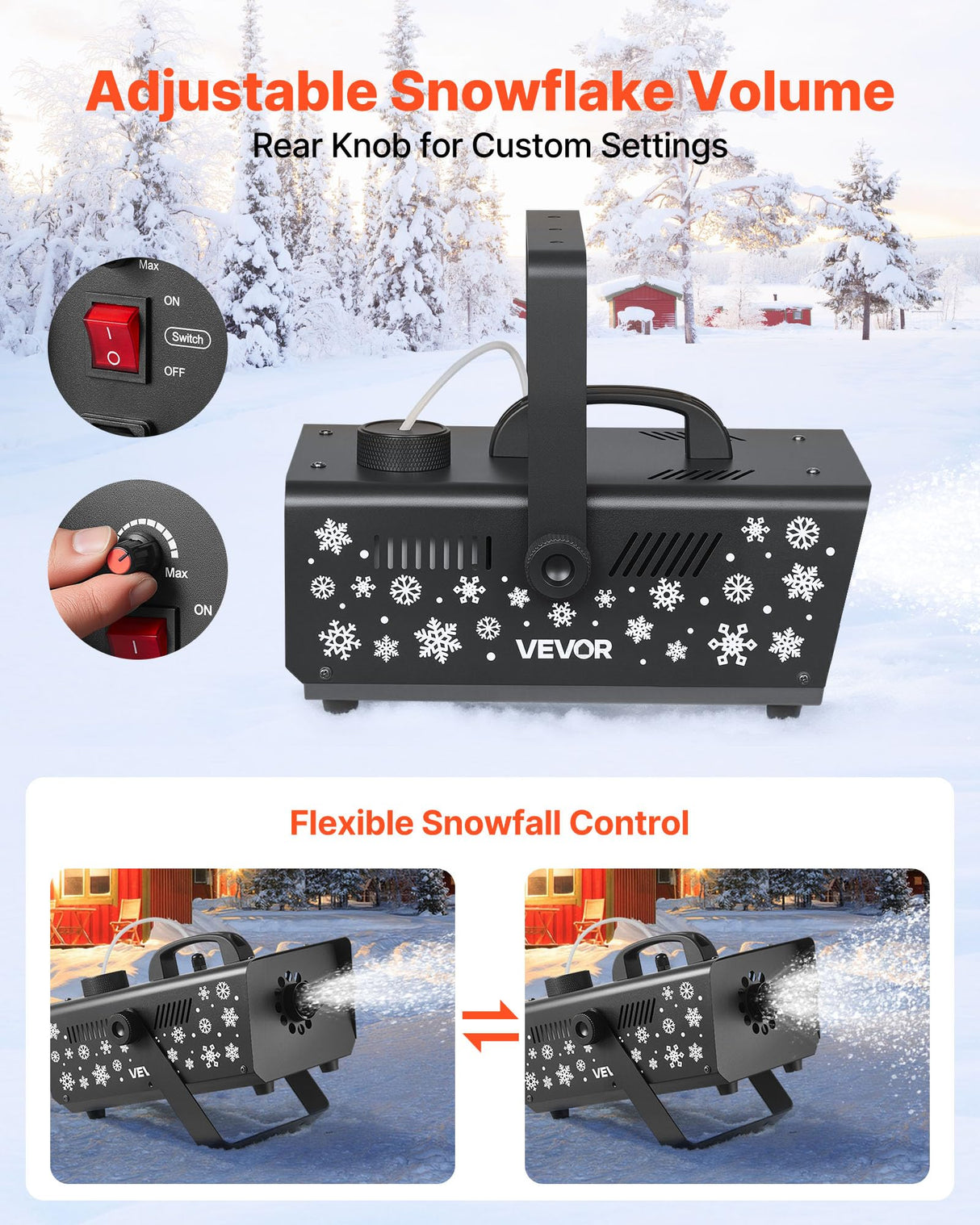 VEVOR Máquina de Nieve, Máquina Portátil de Copos de Nieve Colgante de 650 W con Asa Portátil para DJ, Fiestas Navideñas, Efectos de Escenario, Decoración de Bodas, para Exteriores e Interiores
