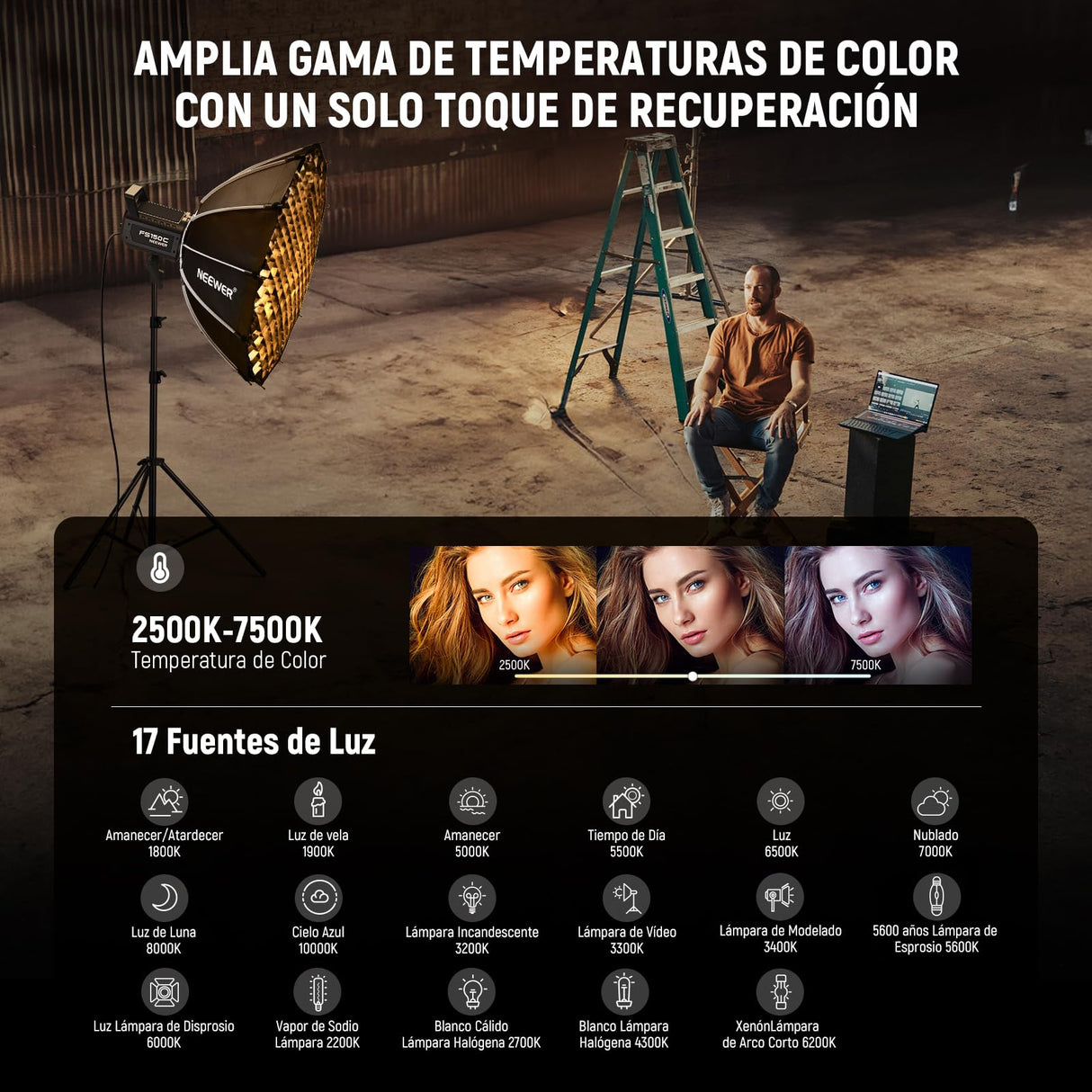NEEWER 130W RGB LED Video Luz App/2,4G Control 17 Efectos, 2500-7500K 19800lux/1m COB Salida de Iluminación Continua con CRI97/TLCI98 4 Curvas de Atenuación, Foco de Bowens Mount en Estudio, FS150C