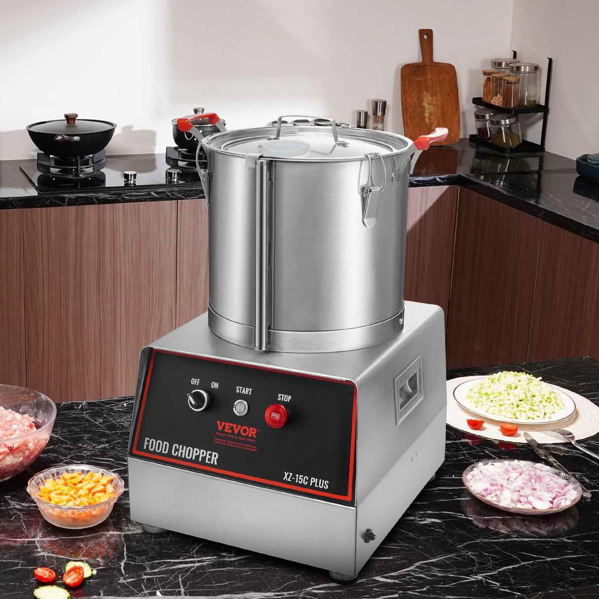 VEVOR Mezclador de Cocina Multifunción 1400 W Capacidad de 15 L Picadora Eléctrica de Acero Inoxidable Procesador de Alimentos para Verduras Frutas Preparación Culinaria Restaurante Hotel Cocina