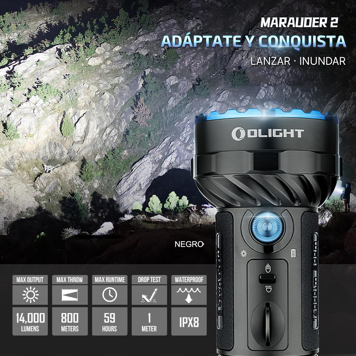 OLIGHT X7R Marauder 2 LED Linterna Táctica Recargable Linterna Eléctrica USB-C Alta Potencia 14000 Lúmenes Impermeable IPX8 Negro
