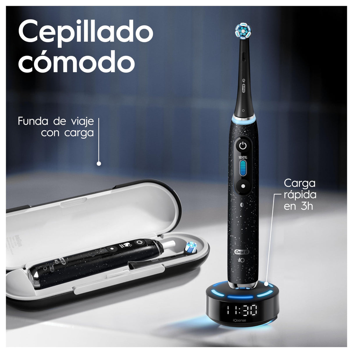 Oral-B iO 10 Cepillo de Dientes Eléctrico con Mango Recargable, 3 Cabezales de Recambio y Estuche de Viaje con Cargador, Diseñado por Braun, Regalos Originales para Mujer y Hombre - Negro