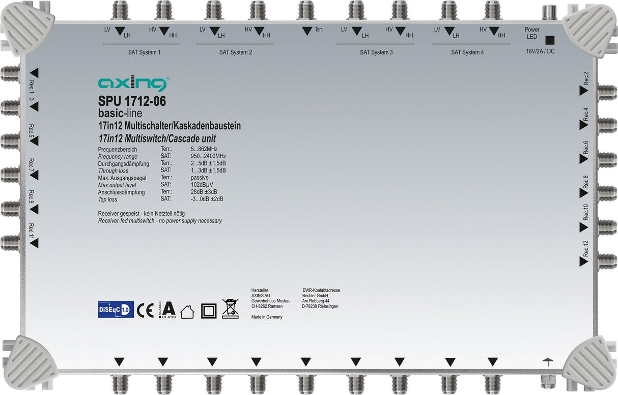 'AXING múltiple 17 en "DiSEqC Multiswitch de Cascada Ampliable Sat Activo Gris Claro