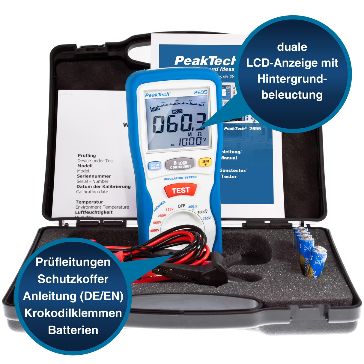 PeakTech 2695 – Probador de aislamiento, calibrado, probador de continuidad, voltímetro, circuitos, fusibles, mínimo/máximo, retención de datos, TUV/GS - 125V, 250V, 500V, 1000V