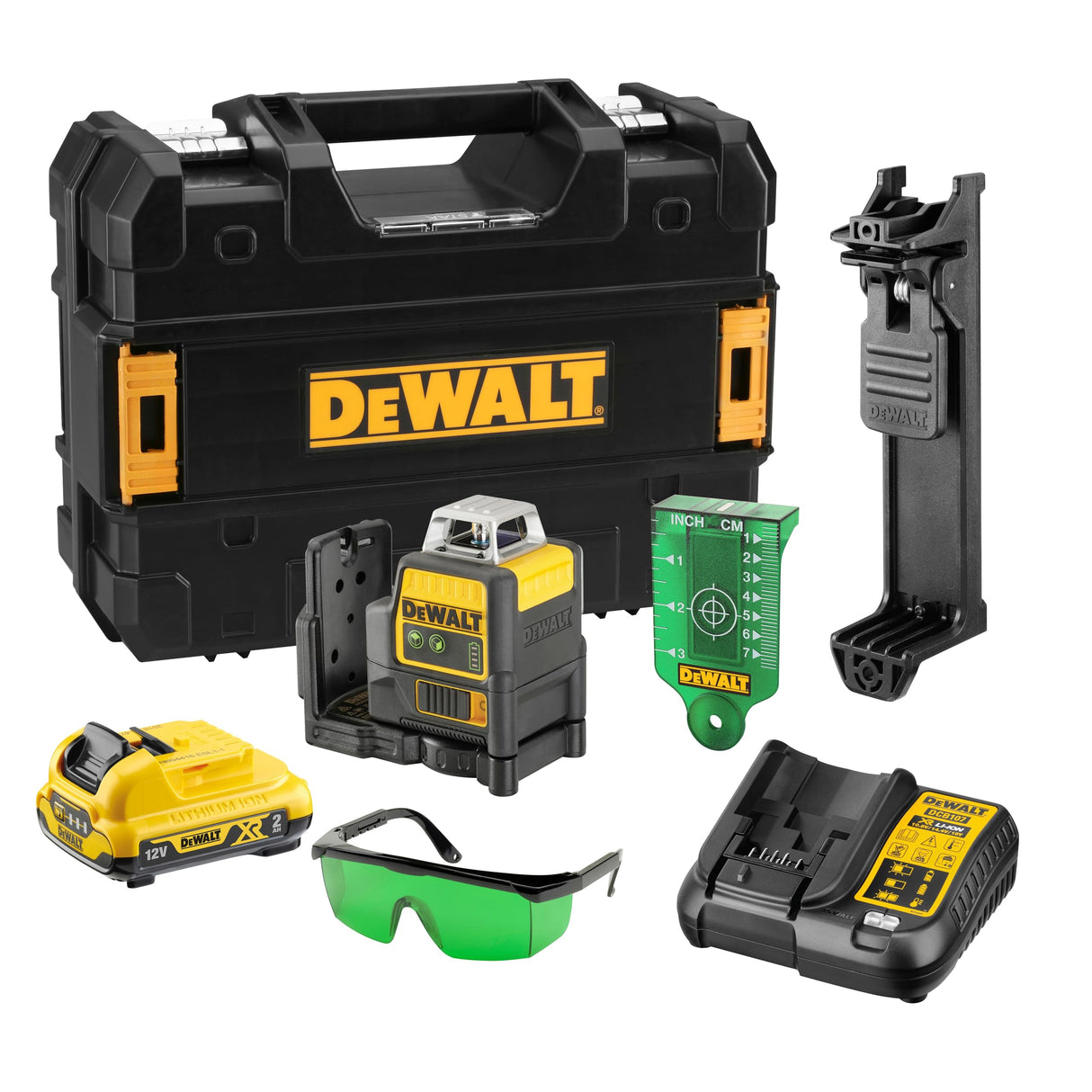 DEWALT DCE0811D1G-QW - Nivel Láser Autonivelante Verde, 2 Líneas 360°, Batería Li-Ion 2Ah XR 12V, Resistente IP65, Test de Caída 2m, Proyección Horizontal y Vertical, Incluye Pack de Batería 12V