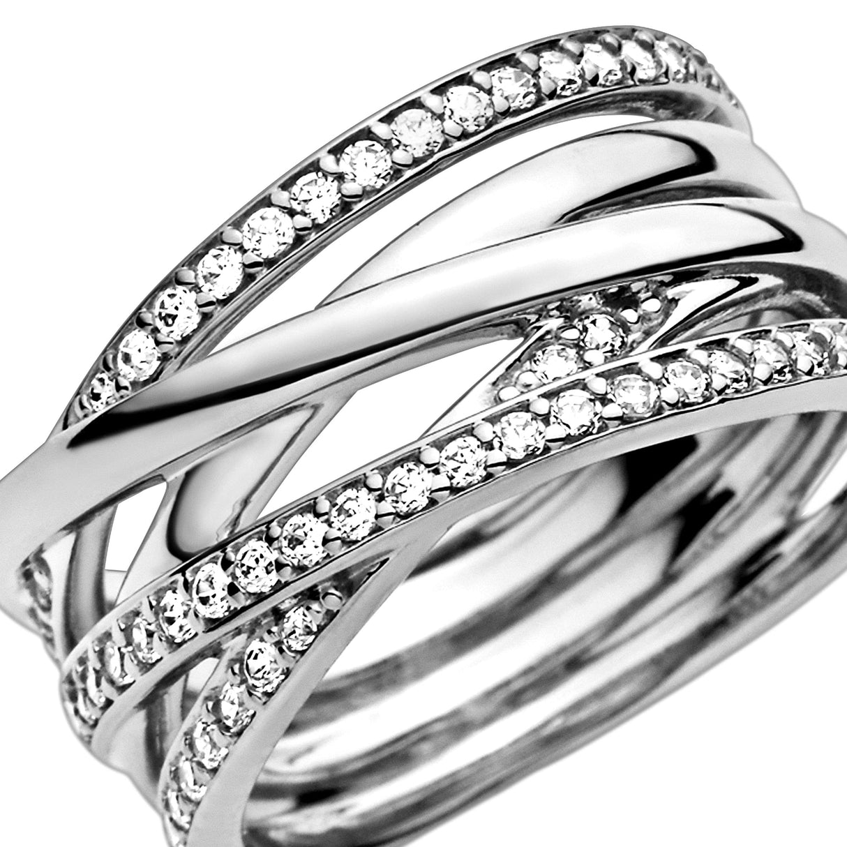 Pandora Timeless Anillo con líneas centelleantes y pulidas de plata con circonitas cúbicas transparentes, talla 58
