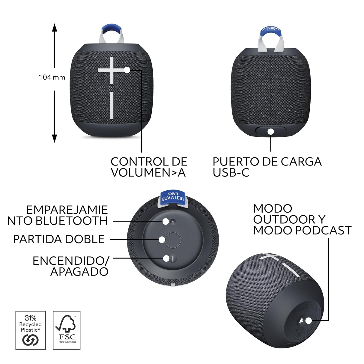 Ultimate Ears WONDERBOOM 4, Altavoz Bluetooth portátil Resistente al Agua con Graves potentes y Sonido de 360 Grados, Altavoz Flotante a Prueba de Polvo con Radio de acción de 40 m - Negro
