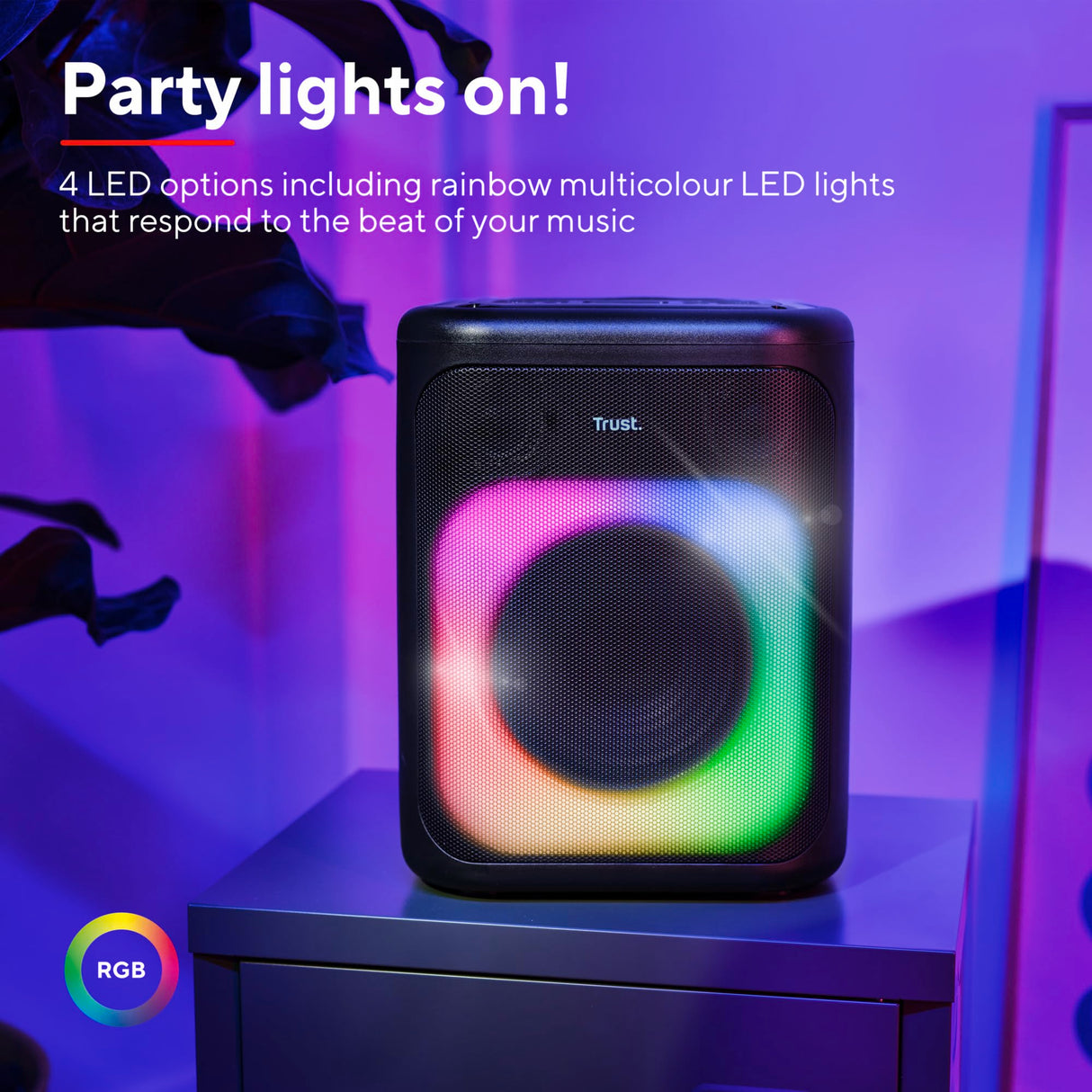 Trust Azura Altavoz Bluetooth Potente 100W para Fiestas, Altavoz Portátil Inalámbrico Luz LED RGB Intemperie IPX4, Altavoces Bluetooth Batería Recargable 11H, 2 Entradas de Micrófono Karaoke