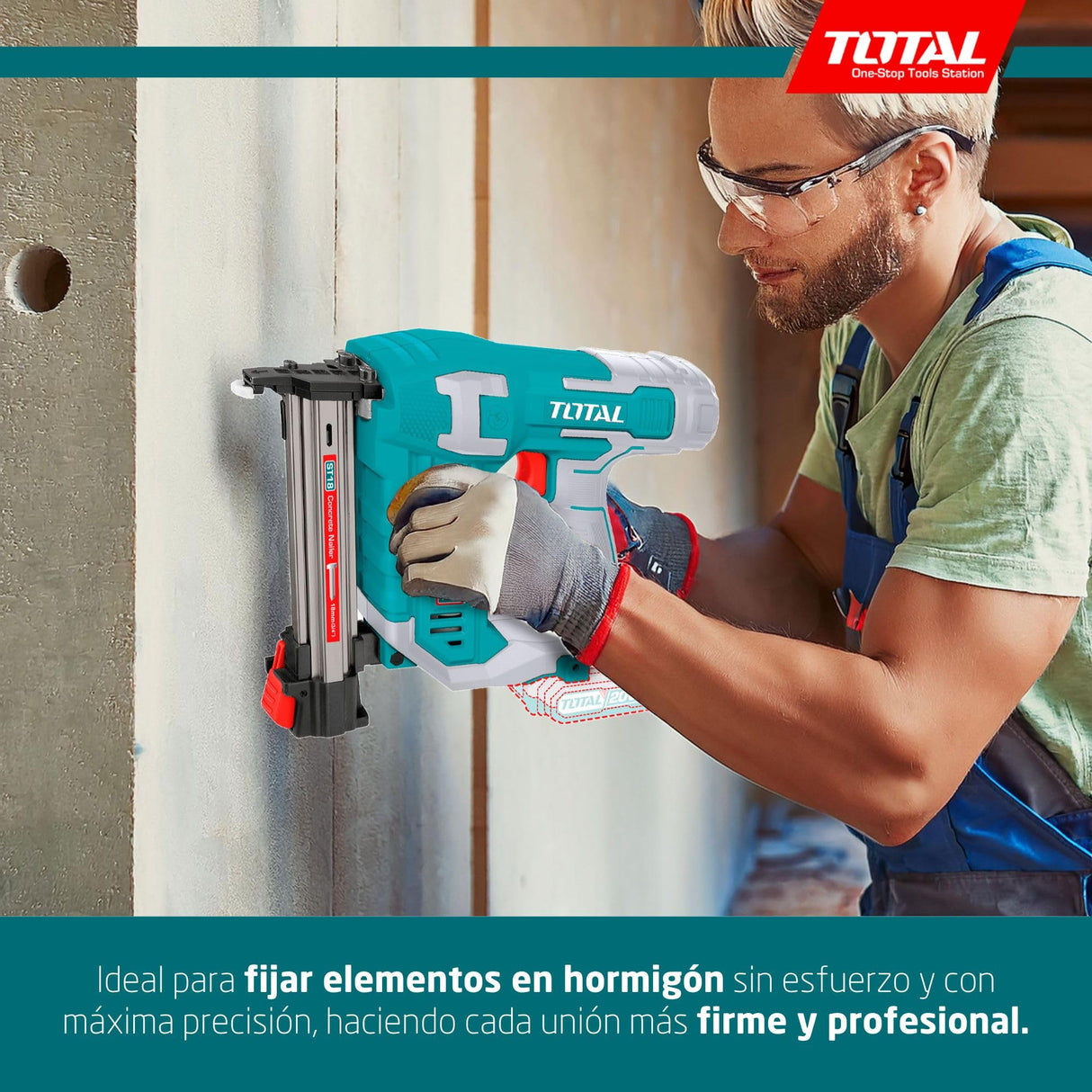 TOTAL - Clavadora a Batería 20V para Hormigón | 2 Clavos| Compatible ST18 | Cargador 65 Clavos | Modelo TCSTLI3805 | Herramienta Eléctrica con Maletín y Clavos Incluidos