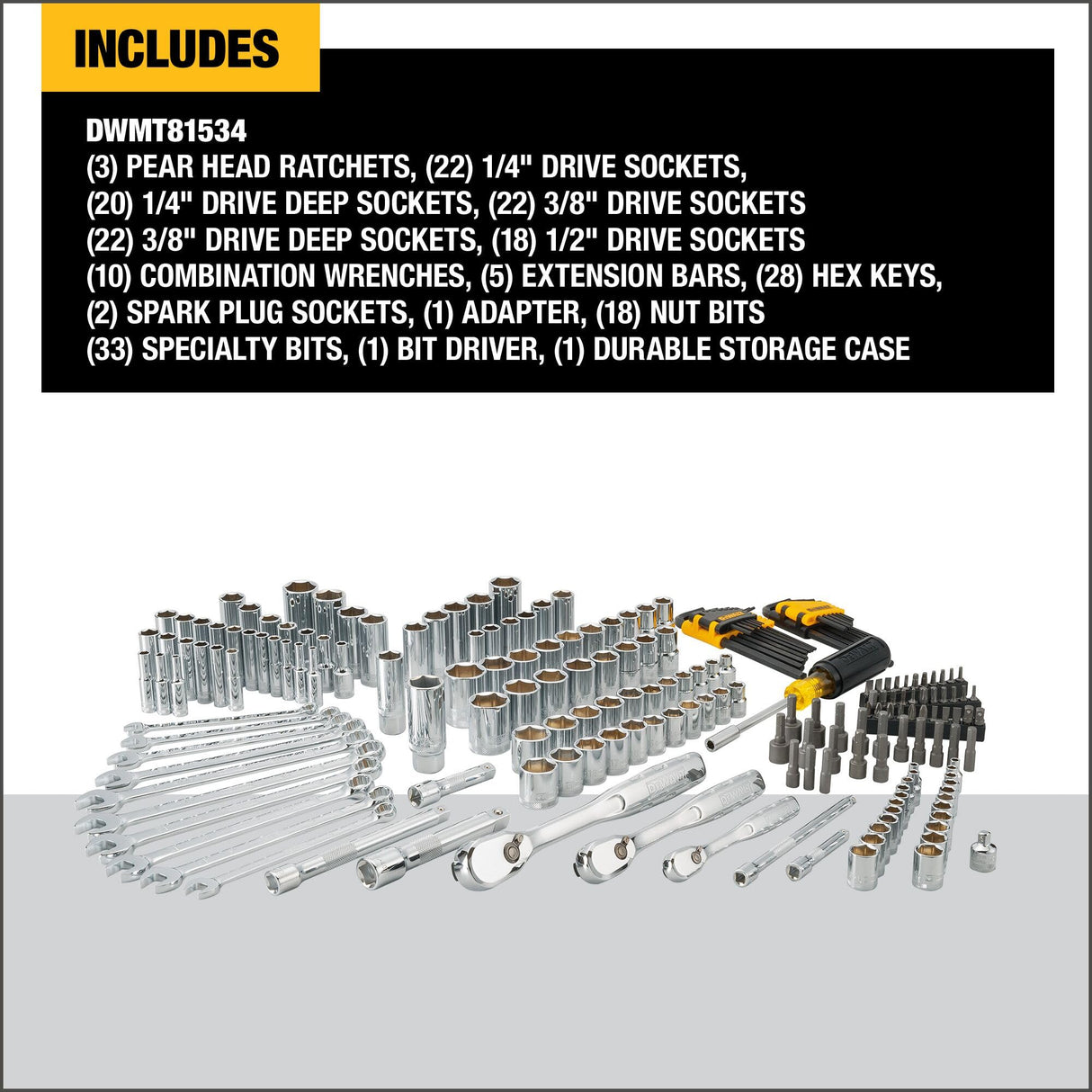 DEWALT Juego de herramientas mecánicas, unidad de 1/4" y 3/8" y 1/2", SAE/métrica, 205 piezas (DWMT81534)