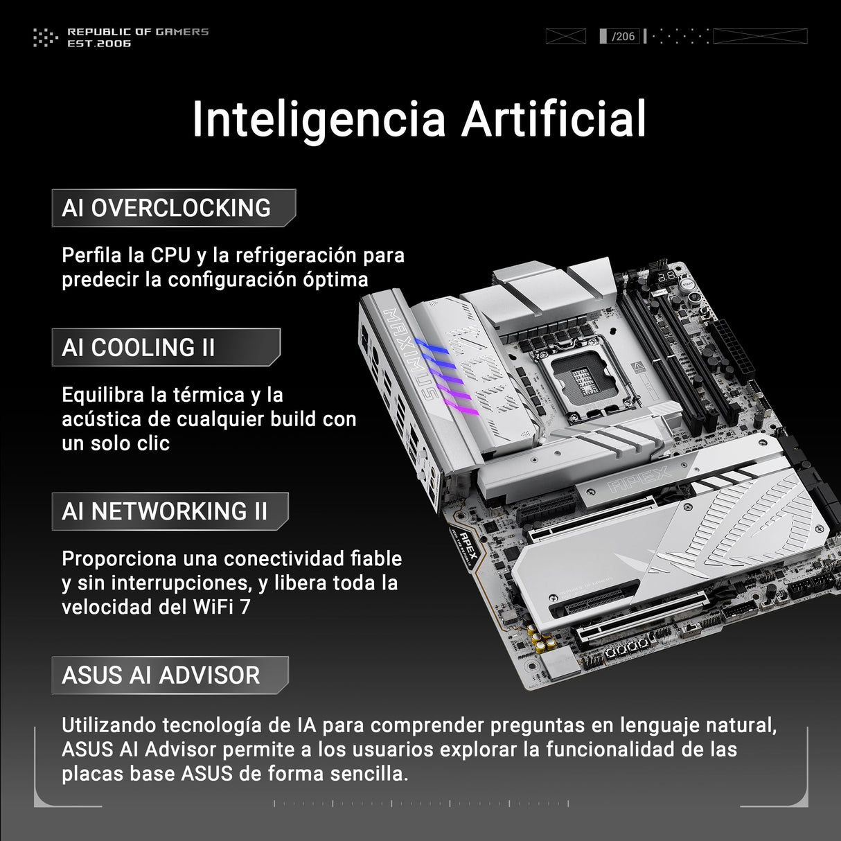 ASUS ROG Maximus Z890 Apex - Placa Base ATX, 22+1+2+2 etapas de Potencia, DDR5, PCIe 5.0 Compatible con GPU de última generación, Seis M.2, WiFi 7, AI Overclocking, PCIe Q-Release Slim