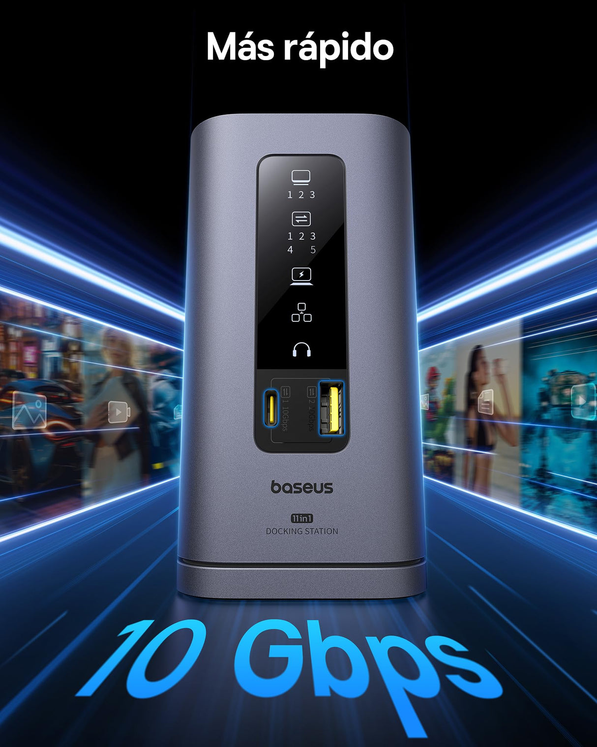Baseus Spacemate Displaylink Docking Station USB C, 11 en 1, 3 Monitor 4K, 10Gbps USB-C/A, PD 100W, Ethernet, Audio, para M1/M2/M3/Win y MacOS