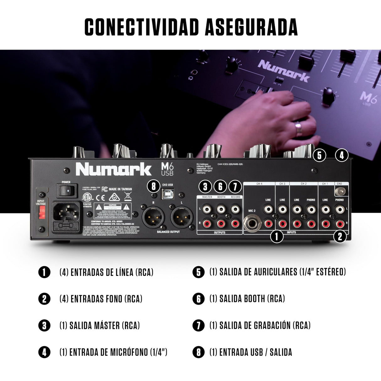Numark M6 USB Mesa de Mezclas DJ de 4 Canales, Interfaz de Audio Integrada, EQ de 3 Bandas, Entrada Micro y Crossfader Reemplazable con Control de Curva