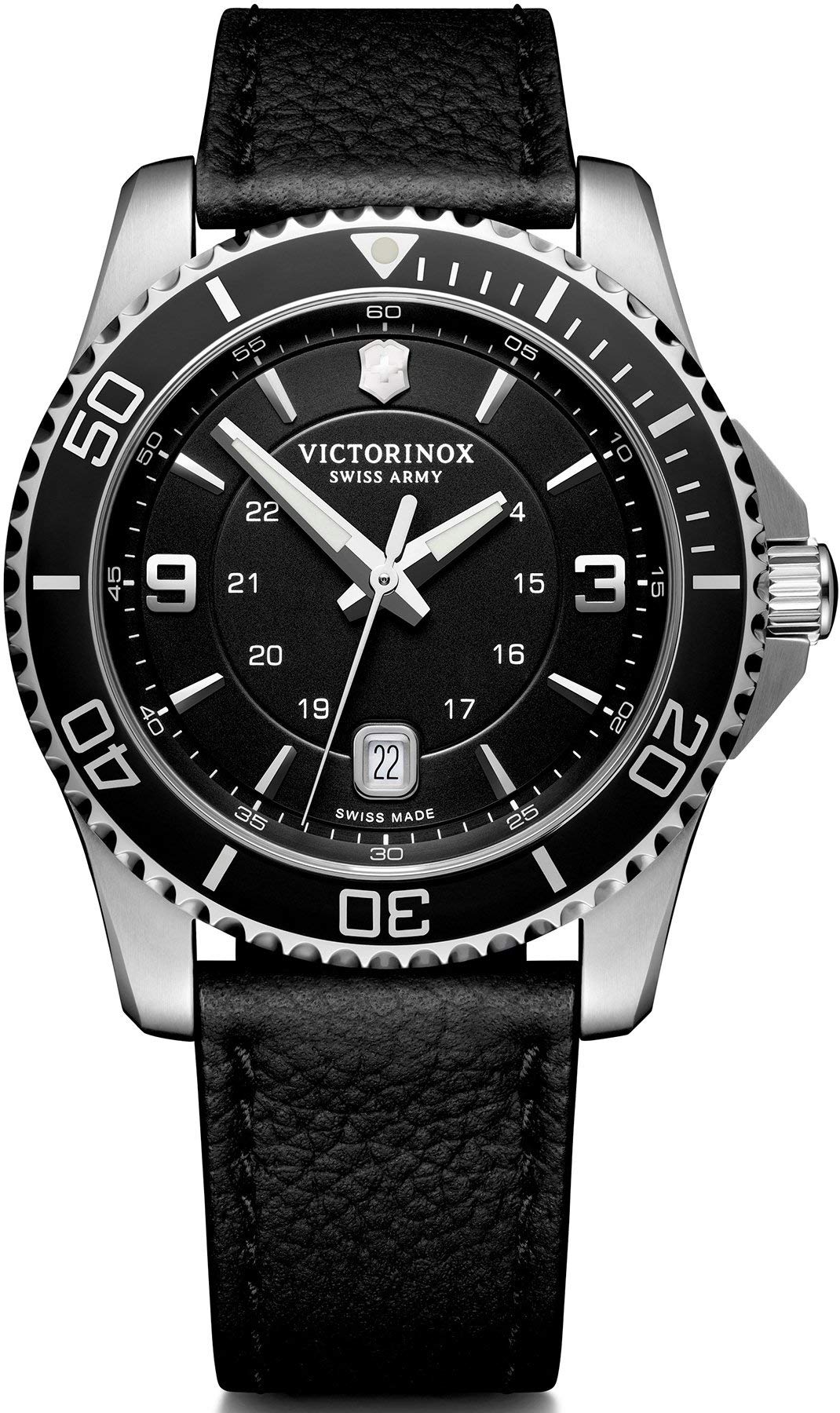 Victorinox Maverick Ø 43 mm Reloj de Pulsera de Hombre, Swiss Made, Cuarzo analógico, Sumergible hasta 100 m, Cristal de Zafiro, Pulsera de Piel, Negro