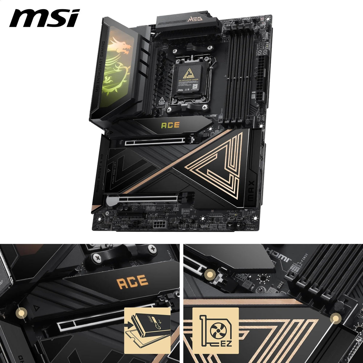 MSI Placa Base Meg X870E Ace MAX, ATX. Soporta procesadores AMD Ryzen 9000/8000/7000, AM5-64MB BIOS ROM, 110A SPS VRM, Memoria DDR5 (hasta 9000+ MT/s OC), M.2 y PCIe 5.0, USB4, Wi-Fi 7, 10G LAN