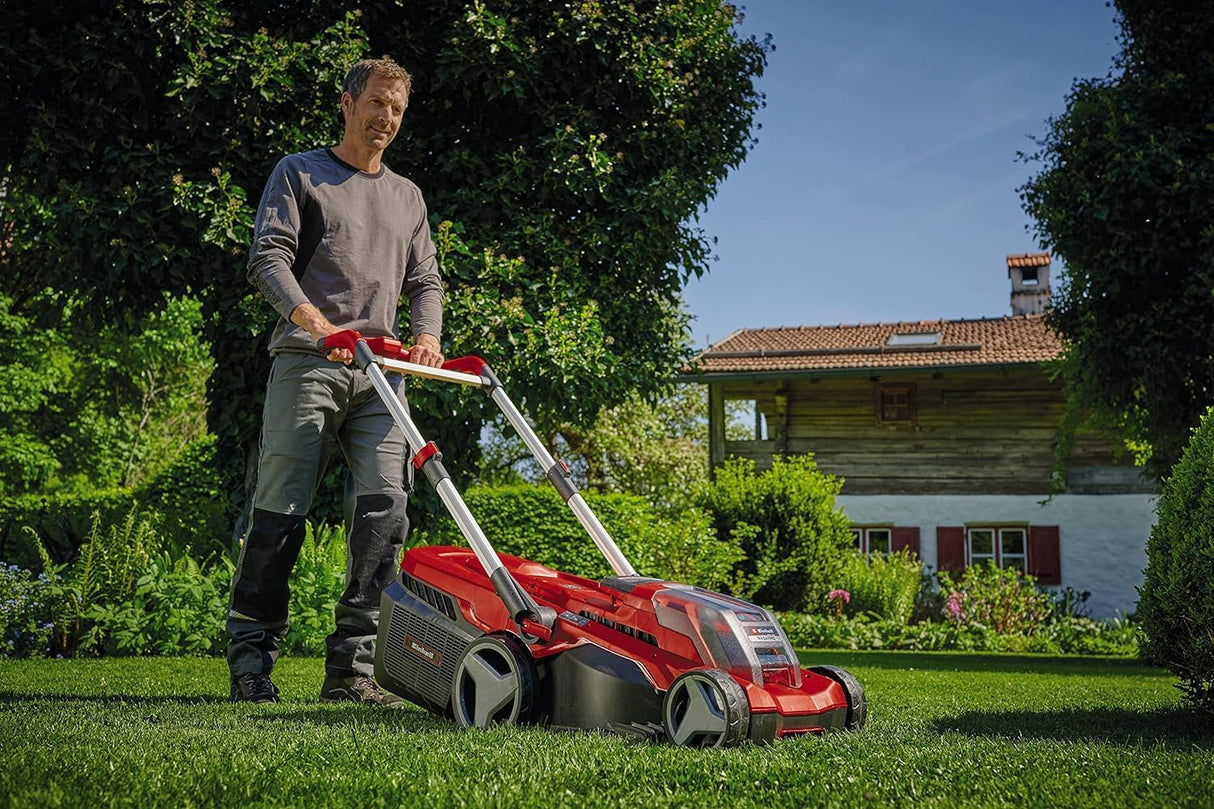 Einhell Cortacésped a batería RASARRO 36/38 Kit Power X-Change (36 V, 38 cm ancho de corte, 450 m², Brushless, función de mulching, 45L bolsa recolectora, con 2x 4,0 Ah baterías y Twincharger)