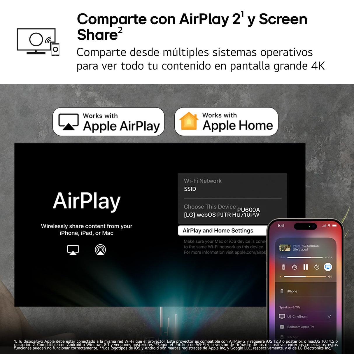 LG PU600U - Proyector CineBeam 4K UHD, Láser 3 Ch (RGB), Smart TV WebOS 24, Brillo 600 Lúmenes, HDR10 y HLG, Pantalla hasta 120", AirPlay 2 y Screen Share, Bluetooth, Plata/Negro