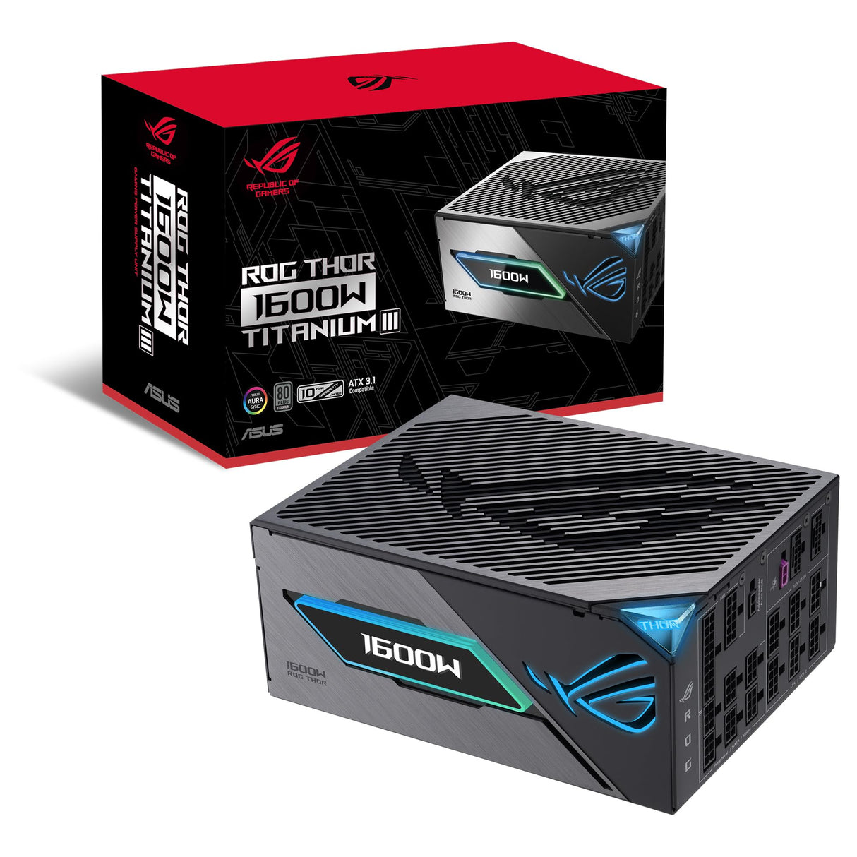 ASUS ROG Thor 1600W Titanium III Fuente de alimentación, 80 Plus Titanium, ATX 3.1, MOSFET GAN, Estabilizador de Voltaje Inteligente, Pantalla OLED magnética, Modo Turbo, 10 años de protección