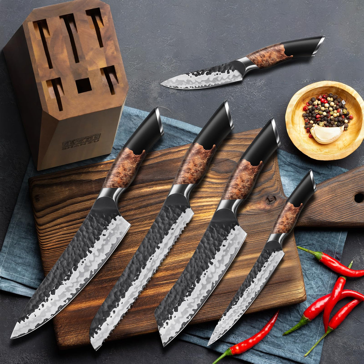 SHAN ZU Juego de Cuchillos de Cocina con Bloque, Set de Cuchillos Japonés Forjado a Mano, Acero 10Cr15MOV de 7 Capas, Bloque de Cuchillo con Afilador Profesional, Mango de Madera de Arce