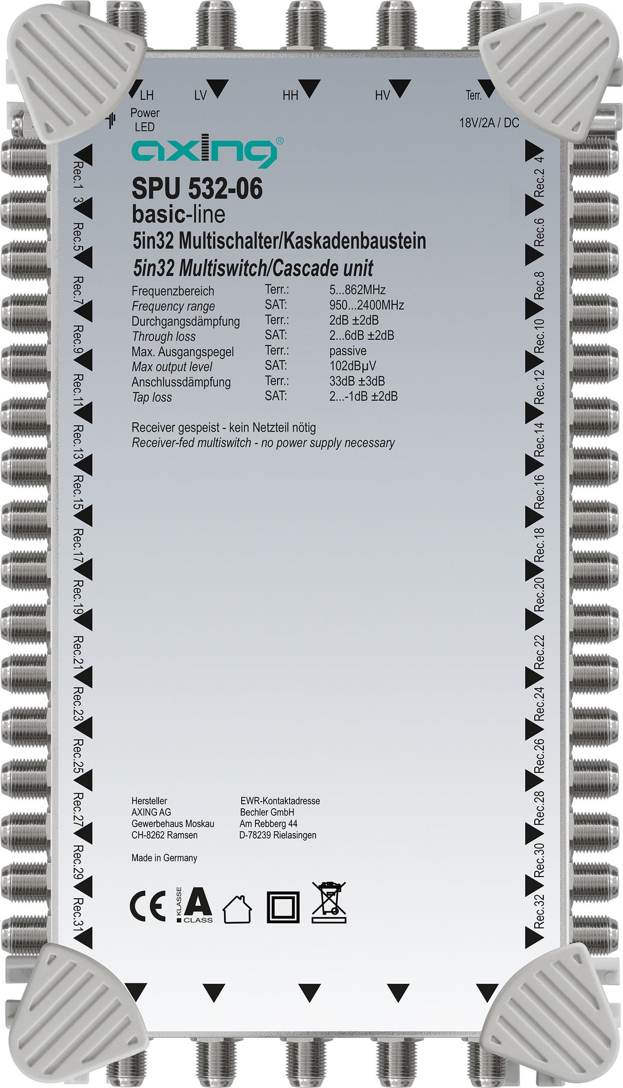'AXING – Multiconmutador 5 en "DiSEqC Multiswitch de Cascada Ampliable Sat Activo Gris Claro