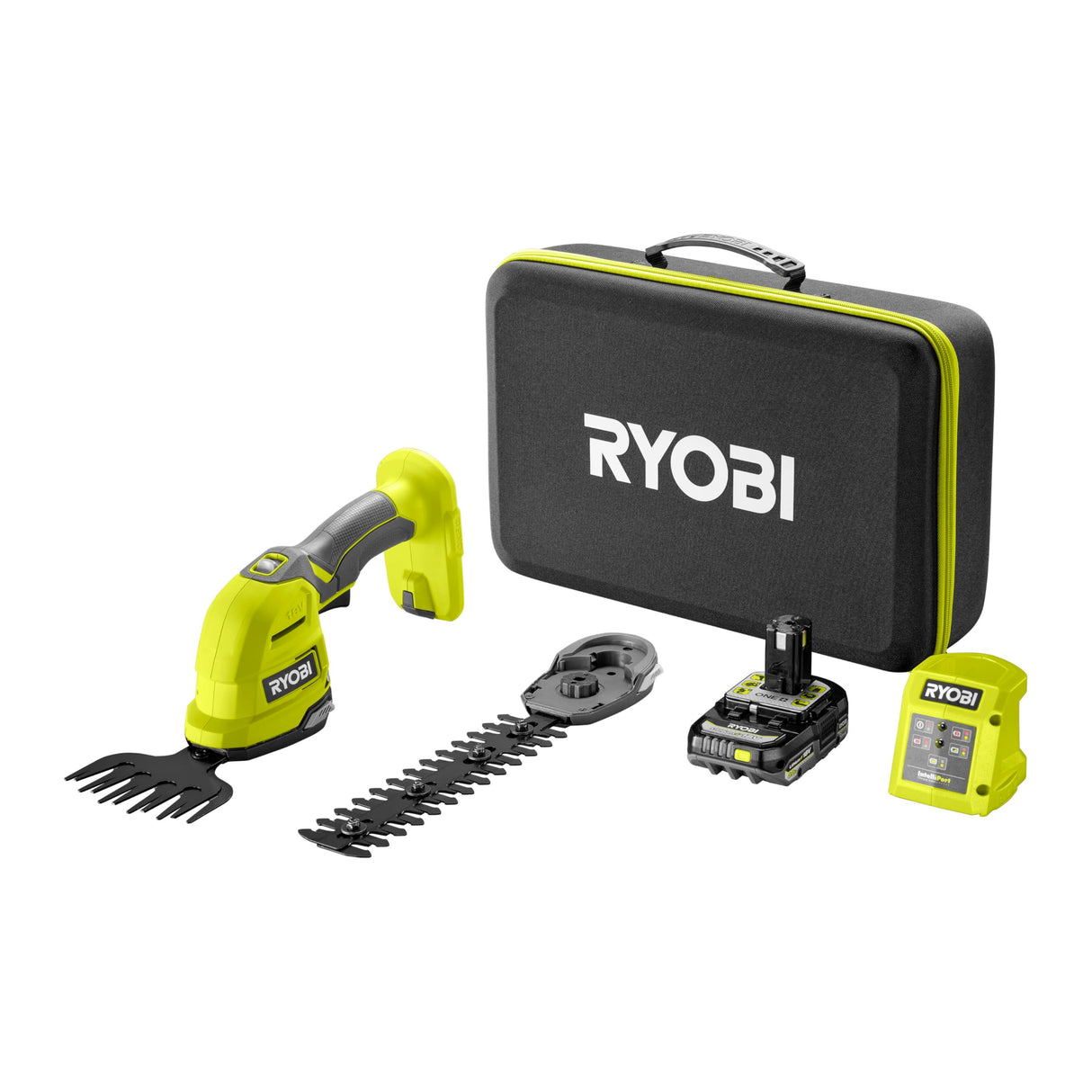 RYOBI One+ 18V Tijeras de césped y arbustos 2-en-1 RY18GSA-120T – Cuchillas SK5, Hoja 20 cm, Corte hasta 10 mm – Incluye batería 2,0 Ah, Cargador y Estuche