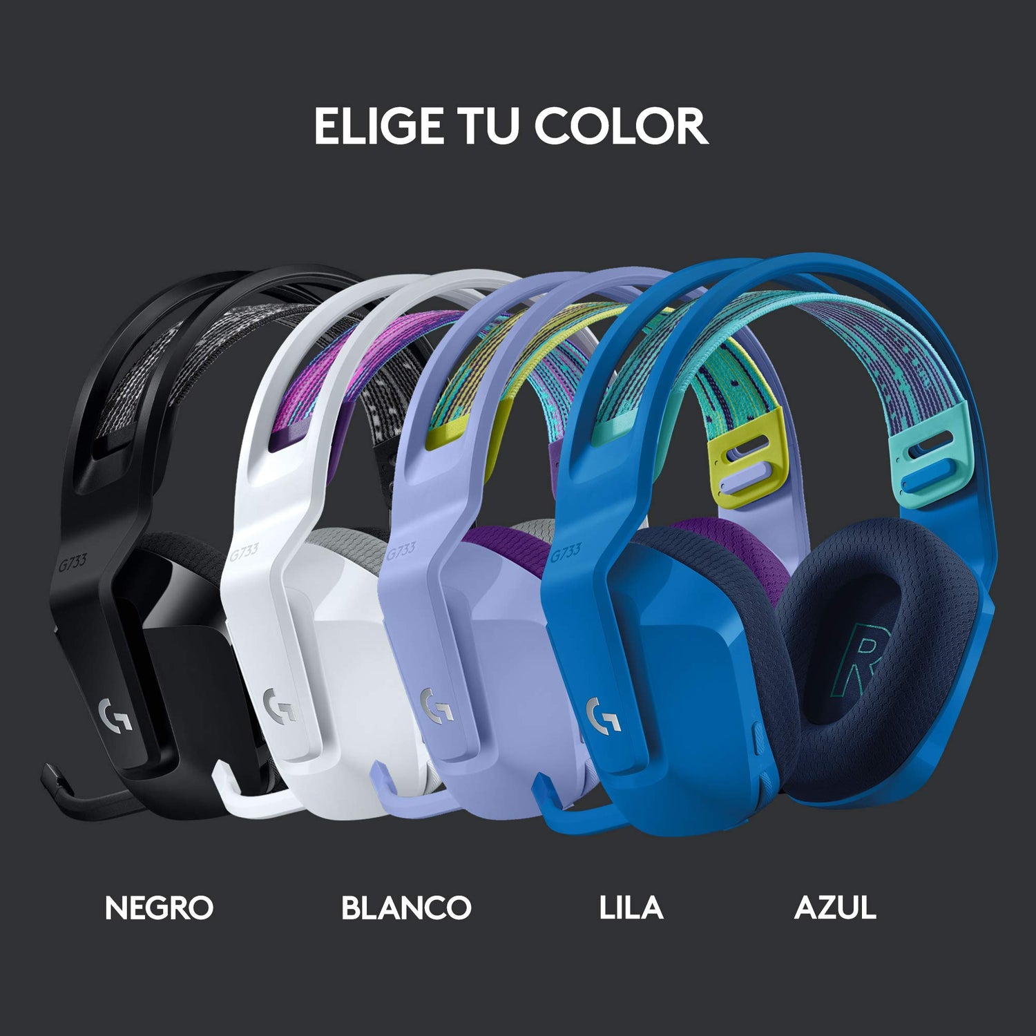 Logitech G733 LIGHTSPEED Auriculares con Micrófono Inalámbricos para Gaming con Diadema con Suspensión, LIGHTSYNC RGB, Tecnología de Micrófono Blue VO!CE, Ligeros, 29h de Batería, PC, PS4, PS5, Azul