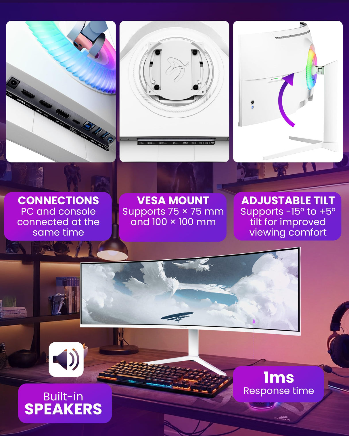 Arozzi Nova 49" Monitor Gaming Curvo VA DQHD 5120×1440, 165 Hz, 1 ms, FreeSync, HDR, USB-C 65W, Ultrapanorámico, Altavoces Integrados – Blanco