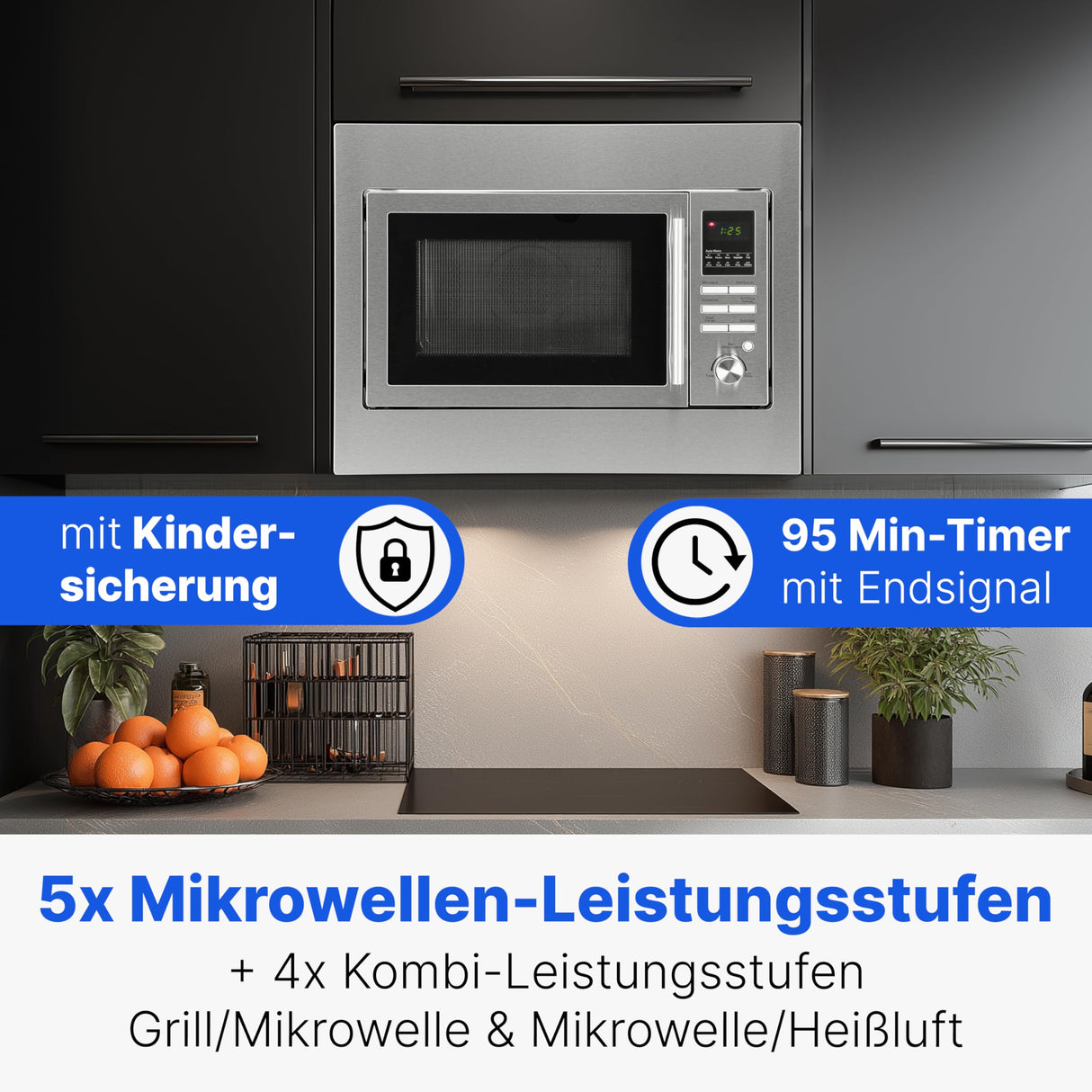 Microondas encastrable Bomann 3en1 con grill y convección,25 L de espacio de cocción, 10 programas automáticos,incl. rejilla grill y plato giratorio (Ø 32 cm),900 vatios,acero inoxidable,MWG 2216 H EB