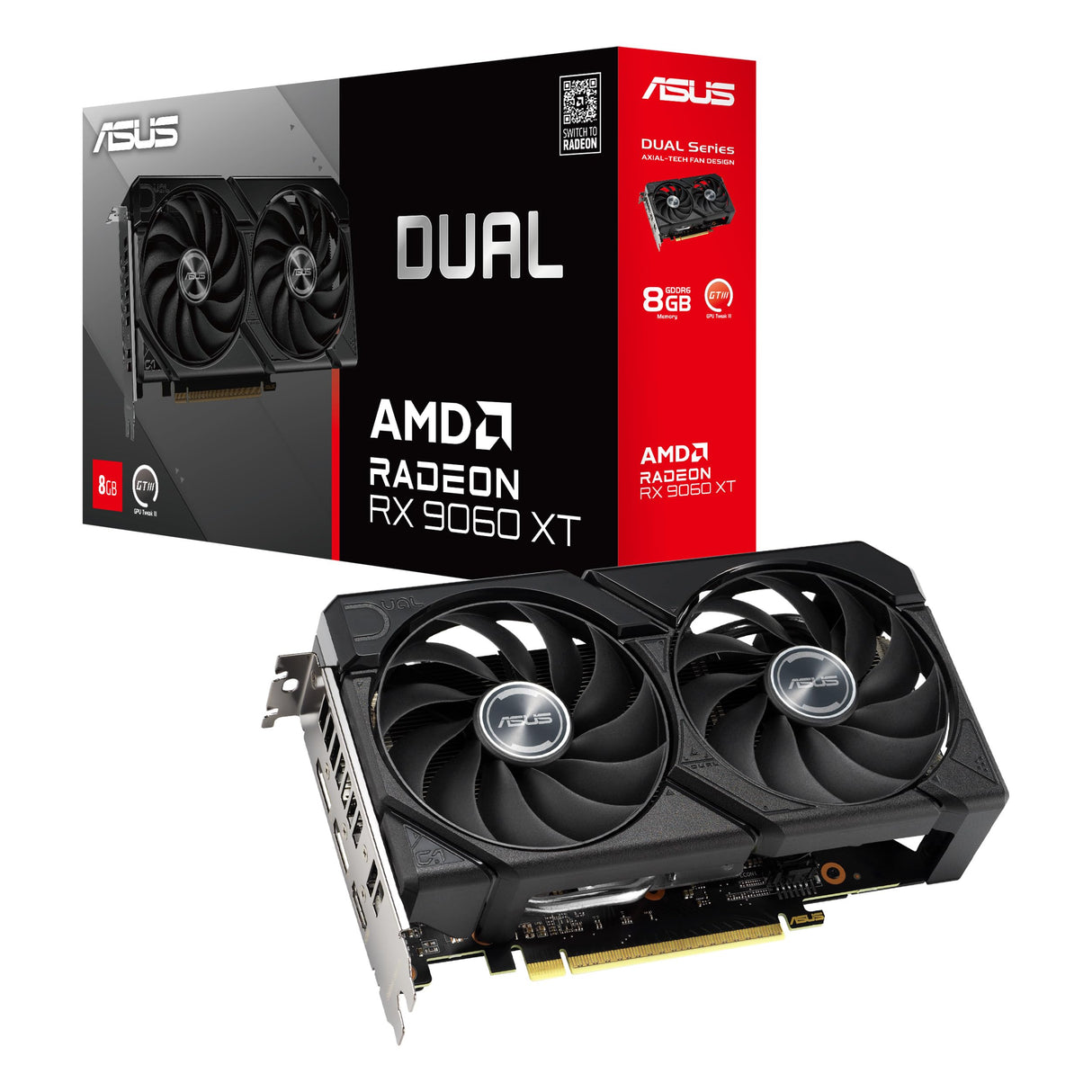 ASUS Dual Radeon RX 9060 XT 8 GB GDDR6, Tarjeta gráfica, PCIe 5.0, HDMI 2.1b, DisplayPort 2.1a, diseño de 2.5 Ranuras, diseño de Ventilador Axial-Tech, tecnología 0dB