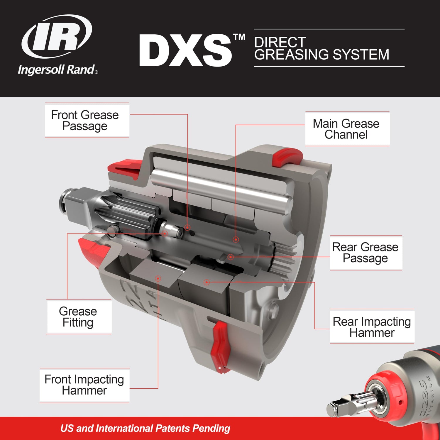 Ingersoll-Rand 2236QTIMAX-R DXS2 Llave de Impacto Neumática, Silenciosa, 2034 Nm, Caja Martillo Titanio, Anillo Fricción, Rojo