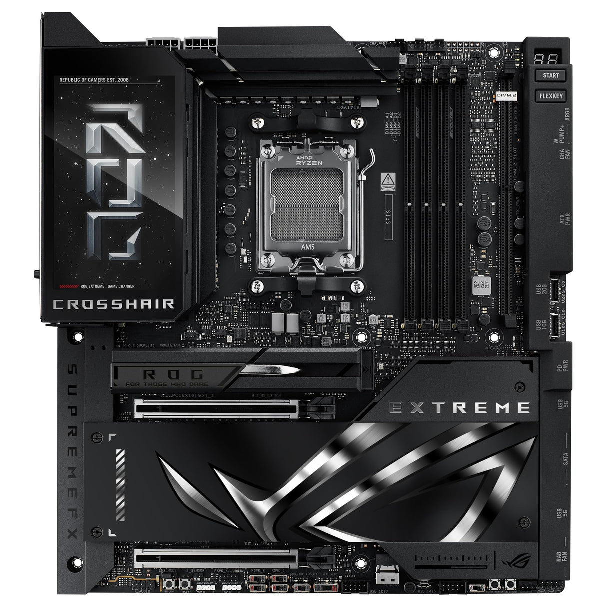 ASUS ROG Crosshair X870E Extreme - Placa Base AMD E-ATX, 20+2+2 etapas de Potencia, DDR5, PCIe 5.0 Compatible con GPU de próxima generación, Cinco M.2, Wi-Fi 7, ASUS AI Advisor, LCD de 5 Pulgadas