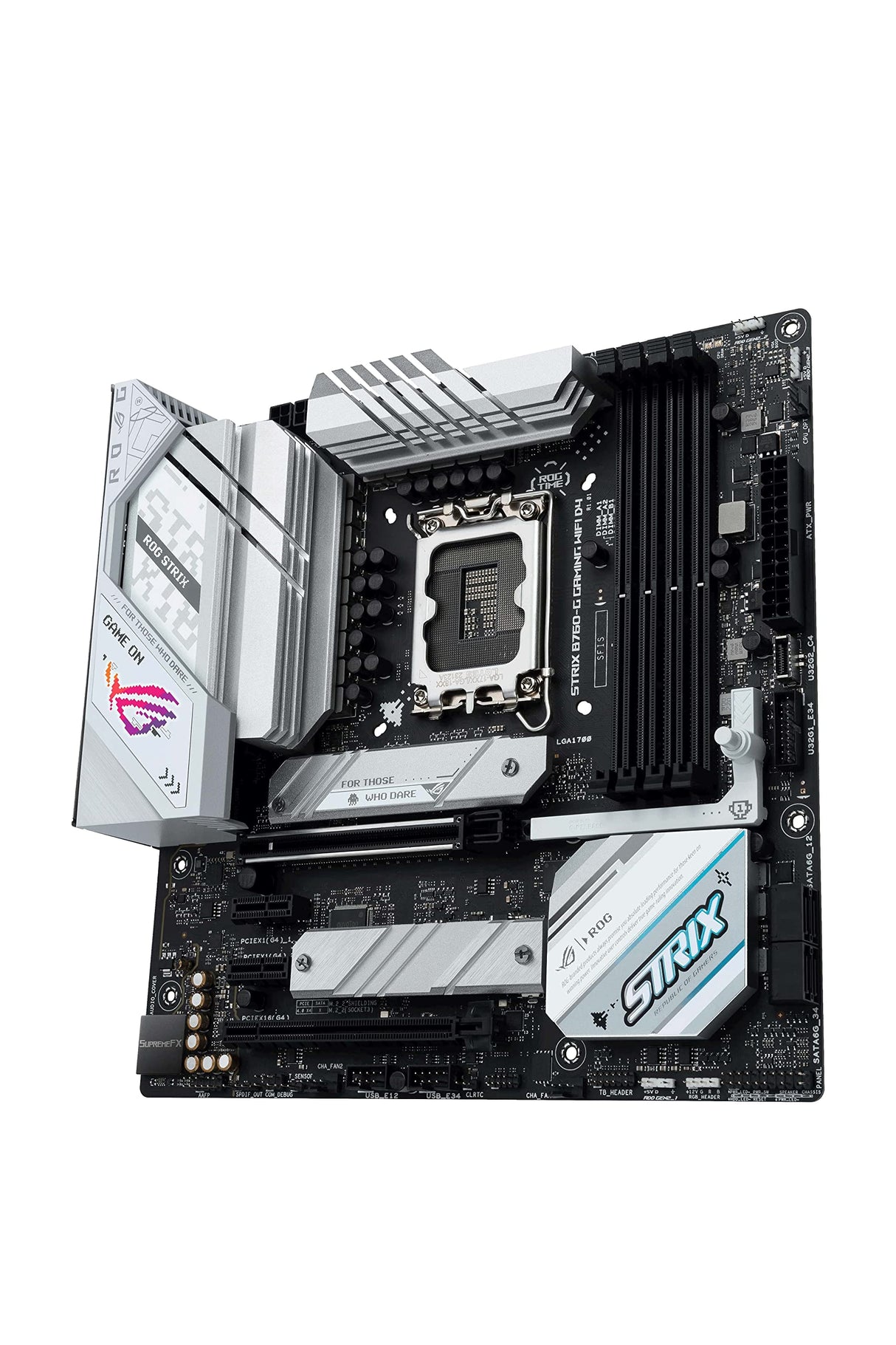ASUS Placa base ROG STRIX B760-G GAMING WIFI D4 Intel® B760 LGA 1700 mATX, ranura segura PCIe 5.0 x16, 2 ranuras PCIe 4.0 M.2, WiFi 6E, Ethernet 2.5G, USB 3.2 Gen 2x2 Type-C®, Aura Sync RGB, blanca