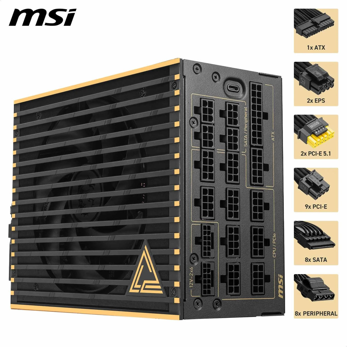MSI Meg Ai1600T PCIE5 - Fuente de alimentación, 1600W, 80 Plus Titanium, ATX 3.1, PCIe 5.1 GPU Support, Dual-Native 12V-2x6, Cables con Conectores Dual-Color 12V-2x6, ATX PSU, Cable Trenzado
